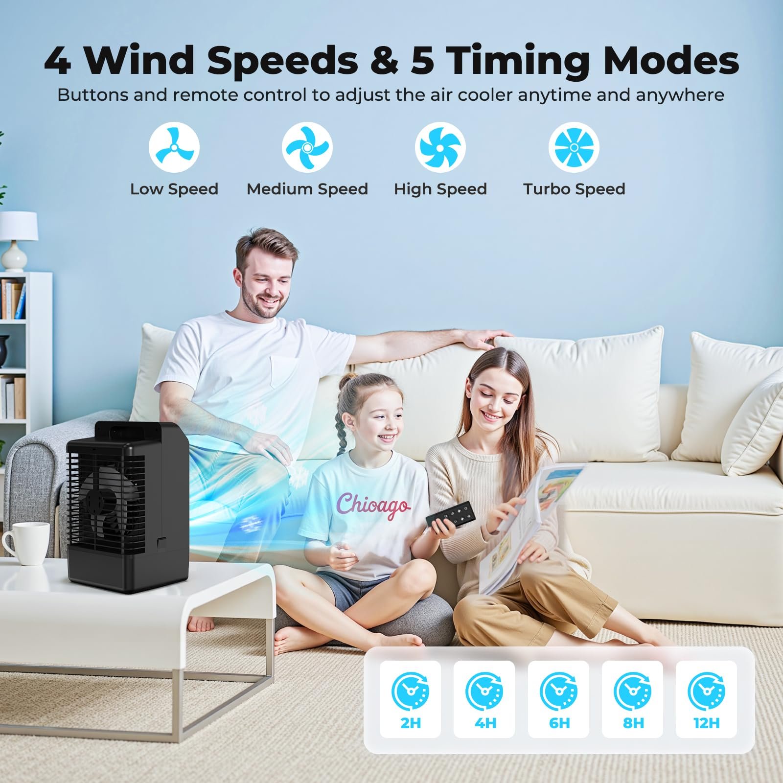 Мобільний міні-кондиціонер 4-в-1 з дисплеєм 1000 мл 4 швидкості Пульт Подвійне розпилення 7 кольорів, фото №3