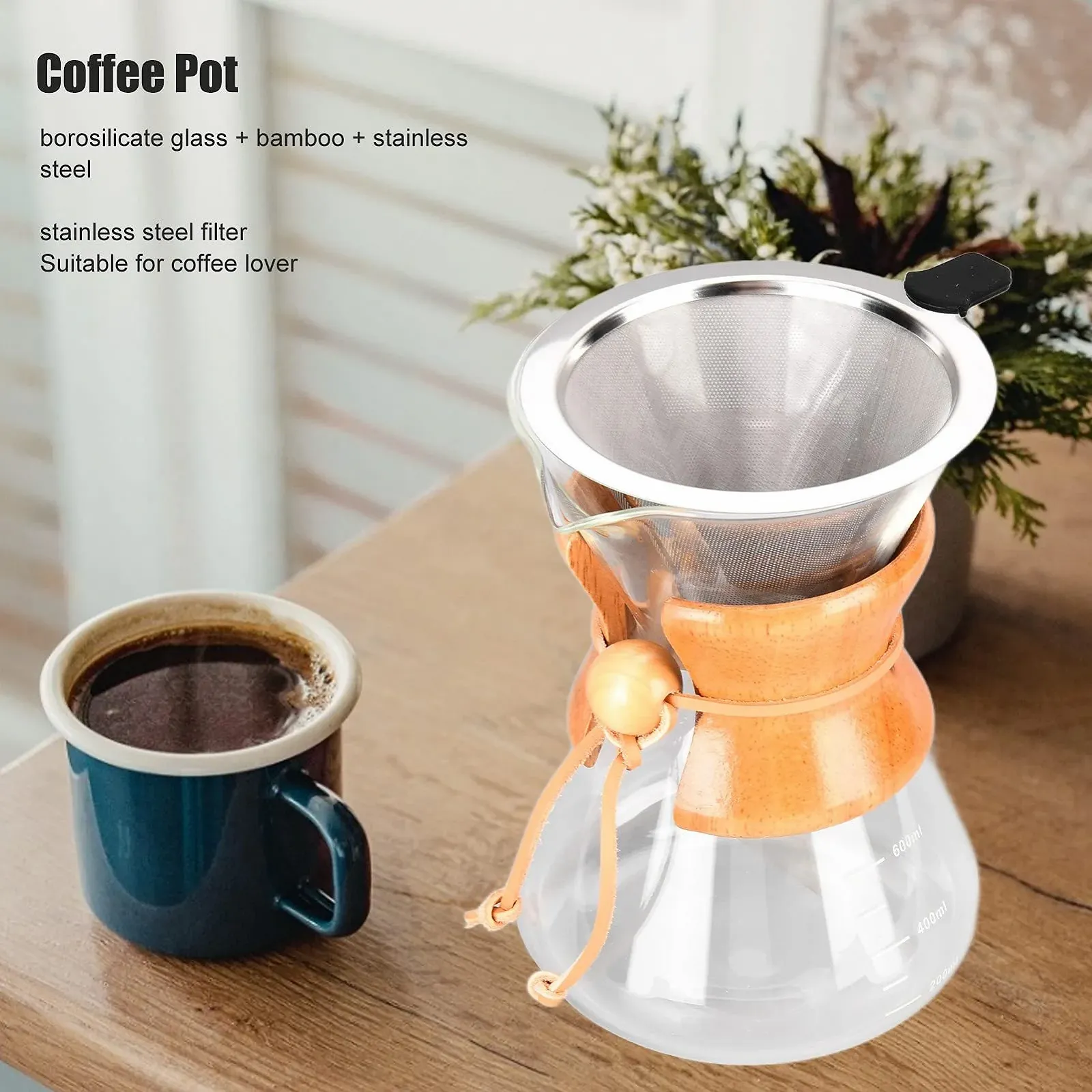 Кофеварка пуровер Joyzan с постоянным фильтром графин из боросиликатного стекла прозрачная, фото №3