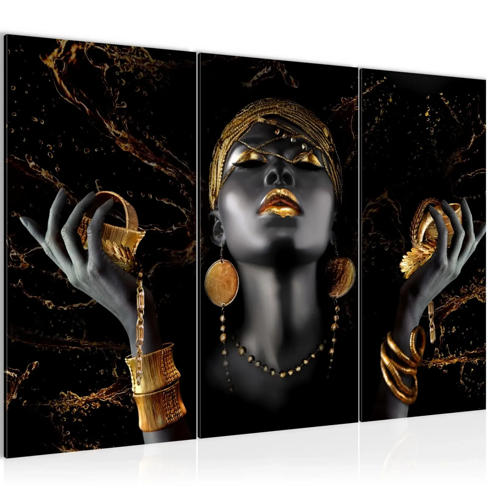 Картина на стіну Runa Art African Woman XXL 120 x 80 см 3 частини Чорна Золота, фото №1