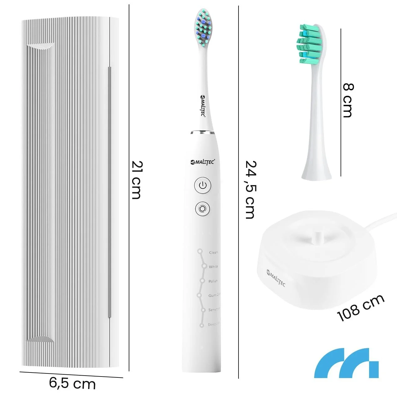 Электрическая зубная щетка MalTec Sonic водонепроницаемая, 6 насадок, 6 программ Белая, фото №2