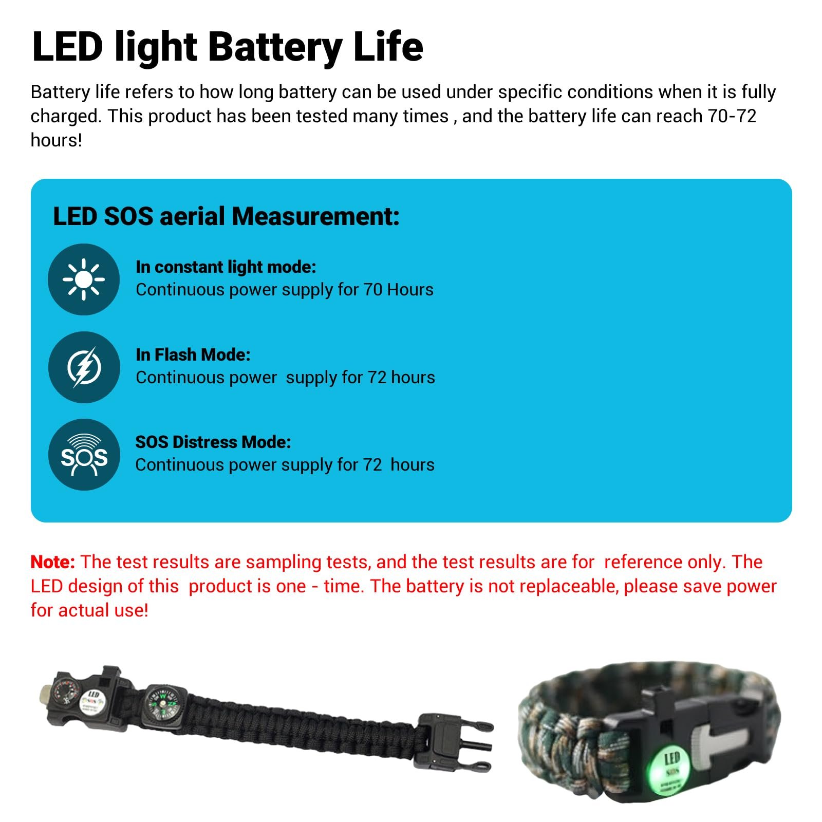 Браслет виживання LED Licht SOS з компасом, свистком, кресалом, ножем - для кемпінгу, походів, виживання для чоловіків та жінок, фото №6