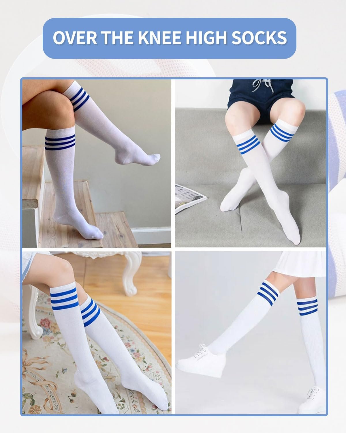 Гетры Женские Зимние Высокие Носки Теплые Длинные Носки Термоноски Белый Синие Полоски One Size, фото №6