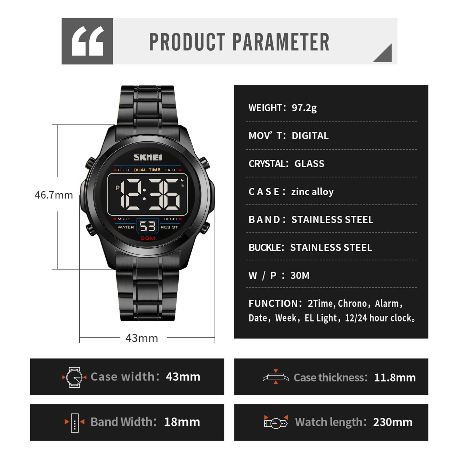 Цифровые часы Luxury Sporty Мужские Часы Military Stainless Steel LED Alarm Clock Digital Мужские Часы Водонепроницаемые с Секундомером Дата Двойное Время 12/24H Многофункциональные Черный Браслет, фото №5