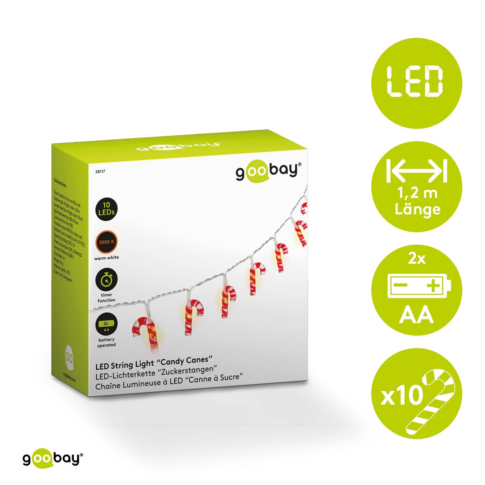 Світлодіодна гірлянда Goobay Льодяник 58117, 10 LED, тепле біле світло, червоний, білий, прозорий, фото №2