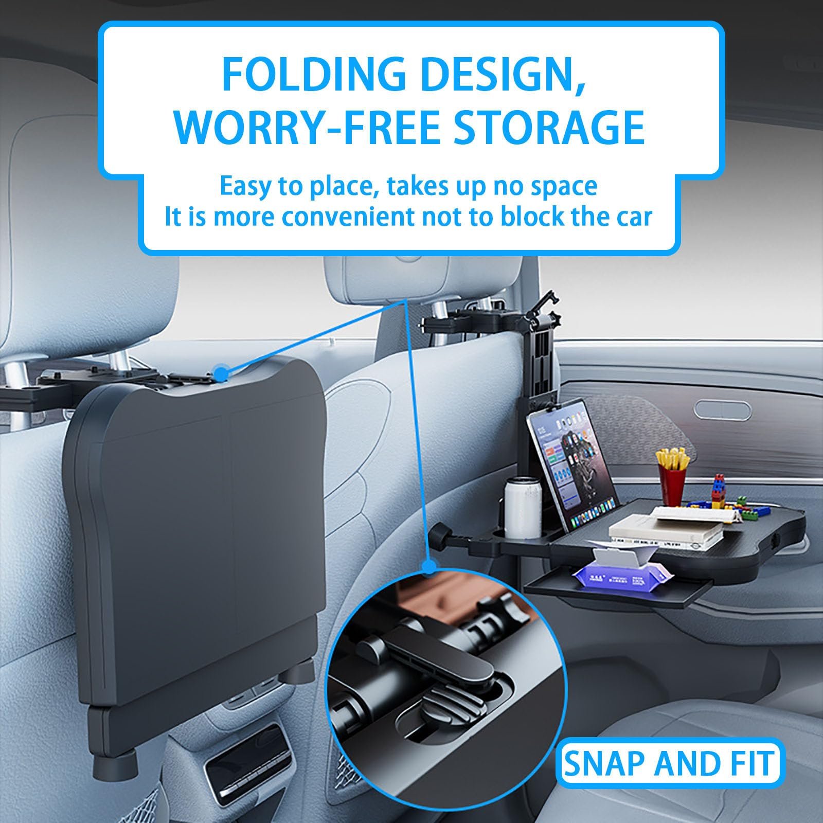 Автомобильный столик-поднос на спинку сиденья, складной и регулируемый органайзер на сиденье, многофункциональный столик на руль, поворотный держатель для ноутбука, аксессуары для путешествий, для долгих поездок, фото №5