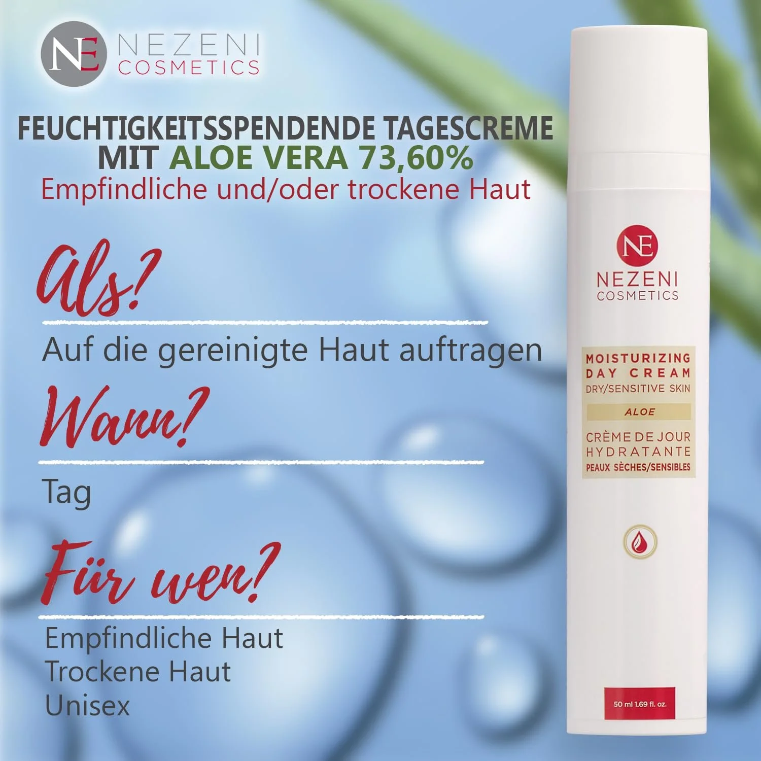 Денний крем Nezeni Aloe Vera 75.70% для сухої та чутливої шкіри зволожувальний з 18 активними інгредієнтами, фото №6