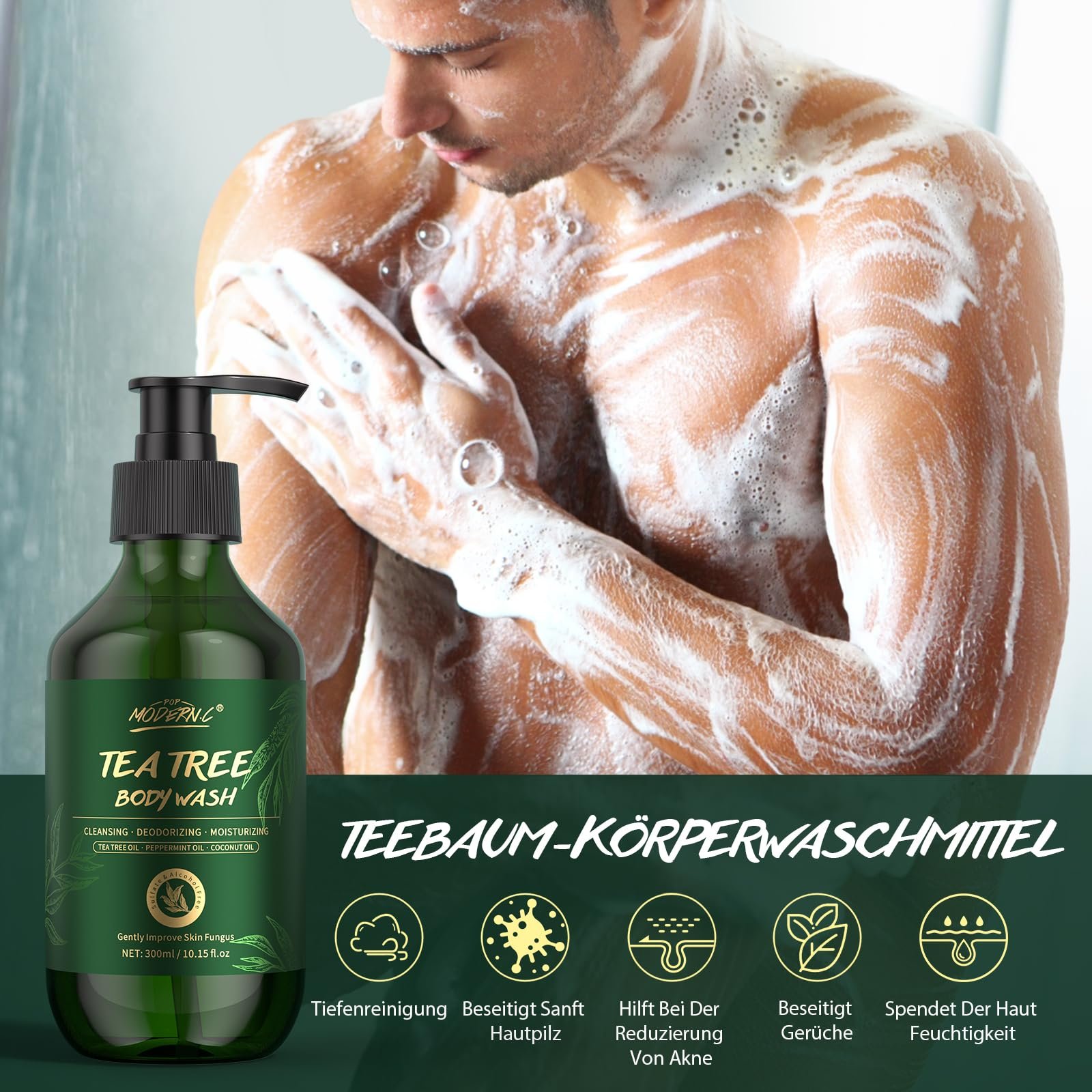 Гель для душу POP MODERN.C Tea Tree протигрибковий з олією м'яти та кокоса з помпою 300 мл, фото №2