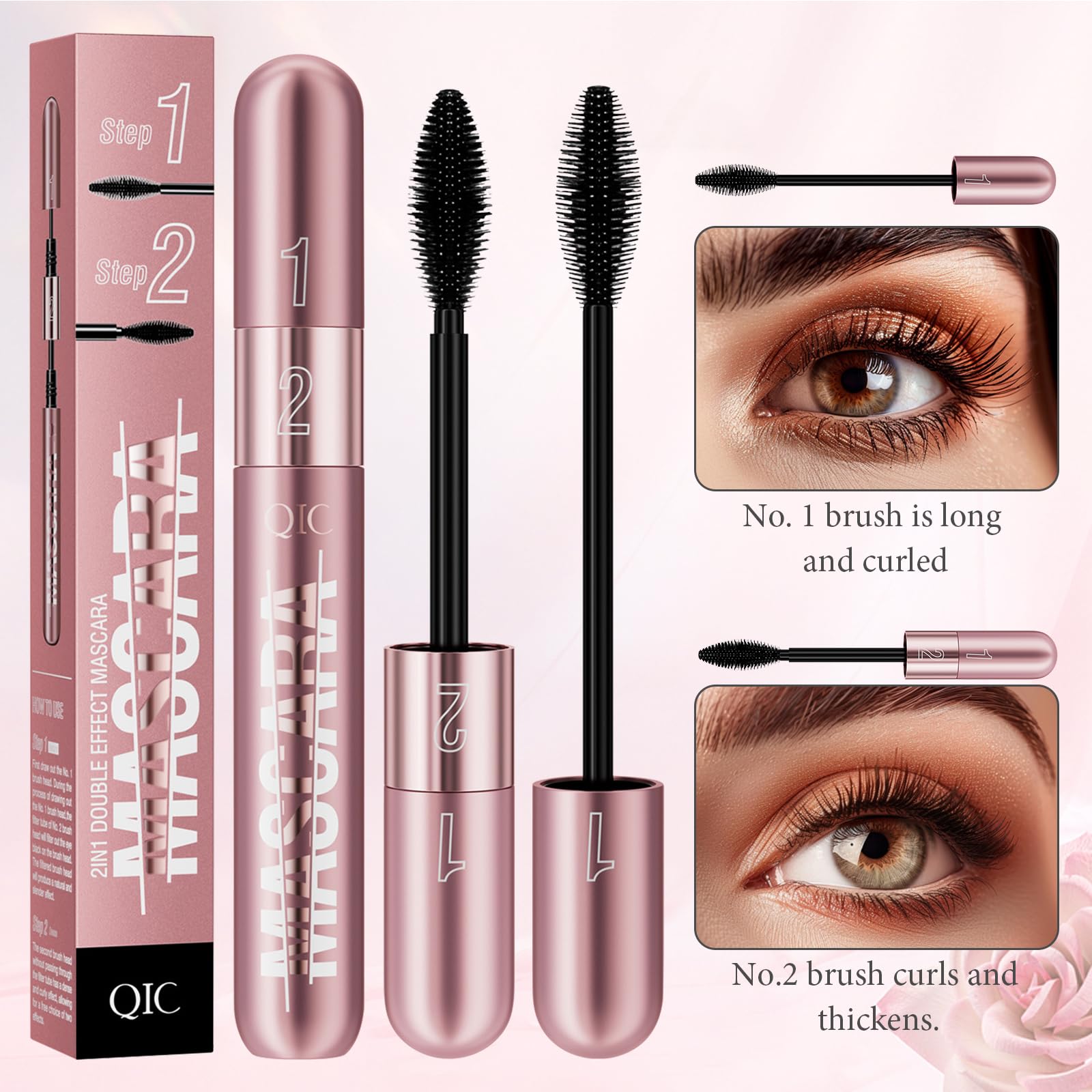 Mascara телескопическая 4D 2-in-1 водостойкая, устойчивая к поту и не смазывается, чёрная, фото №7