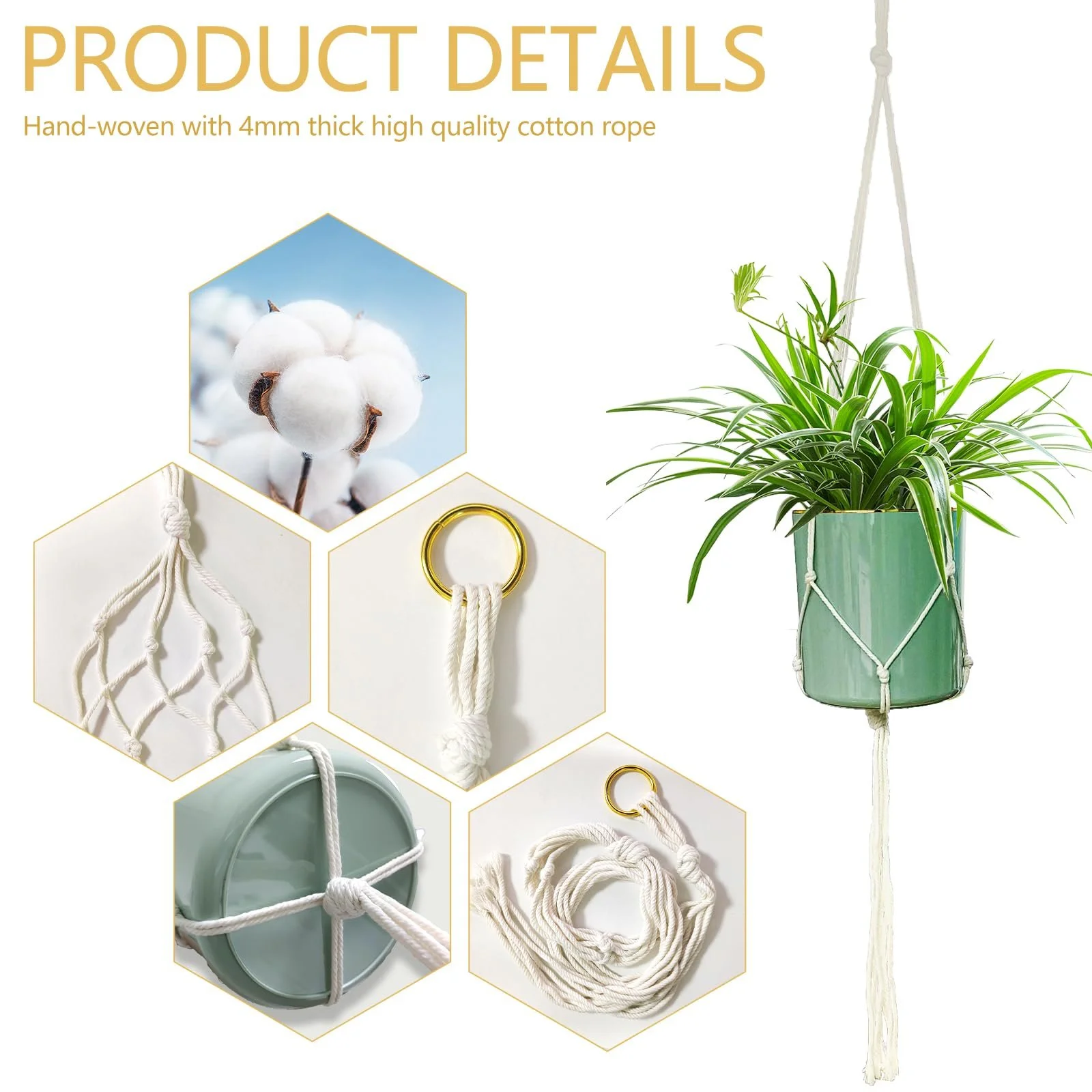 Подвесы макраме для растений 6 шт. хлопковая веревка для помещения и улицы Белый, фото №2