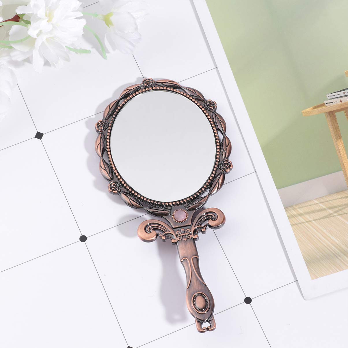 Дзеркало Minkissy Vintage Hand Foldable Hand Makeup Mirror Oval Metal Table Для подорожей дім офіс (Червона бронза), фото №4