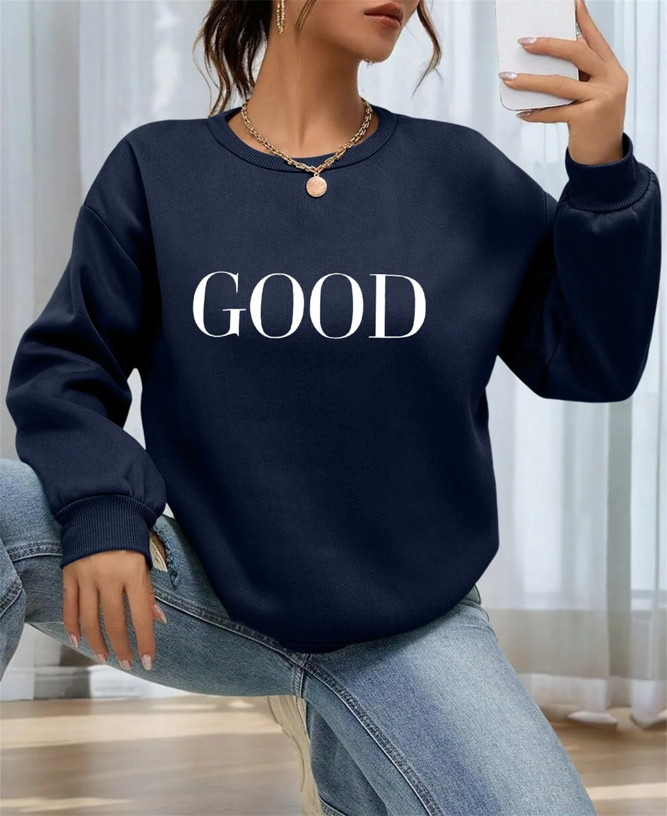 Джемпер Minetom Женский Осенний С принтом Букв Круглый вырез Длинный рукав Свободный Повседневный Уличный стиль Без капюшона Осень Зима Женский, фото №4