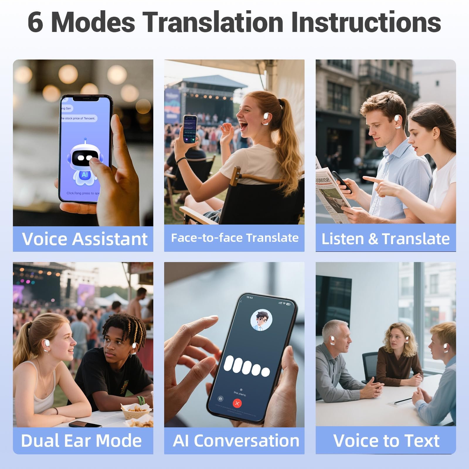 Навушники-перекладачі AI, покращені для перекладу мов у реальному часі з додатком, Bluetooth 5.4, 6 режимів, фото №4
