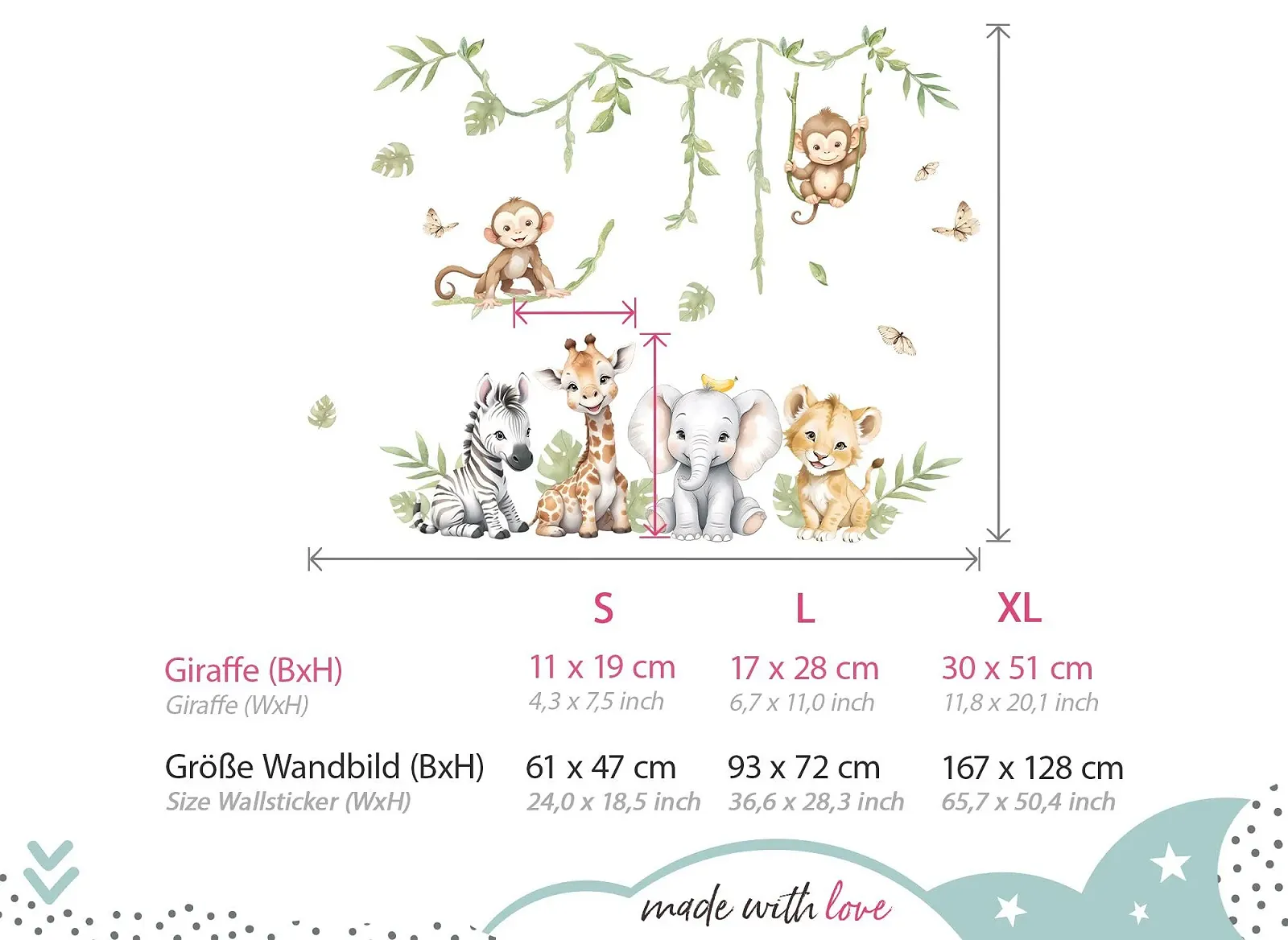 Наклейка на стену Little Deco DL5130 L Сафари Животные Жираф Лев Слон, фото №3