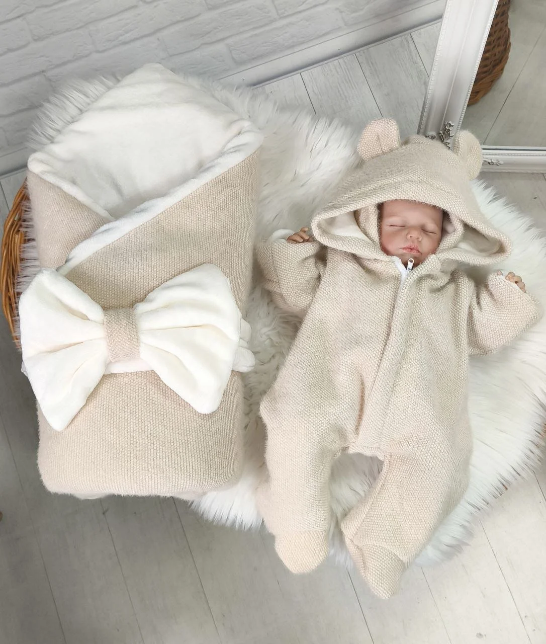 Зимовий комплект для новонародженого ангора бежевий, фото №1