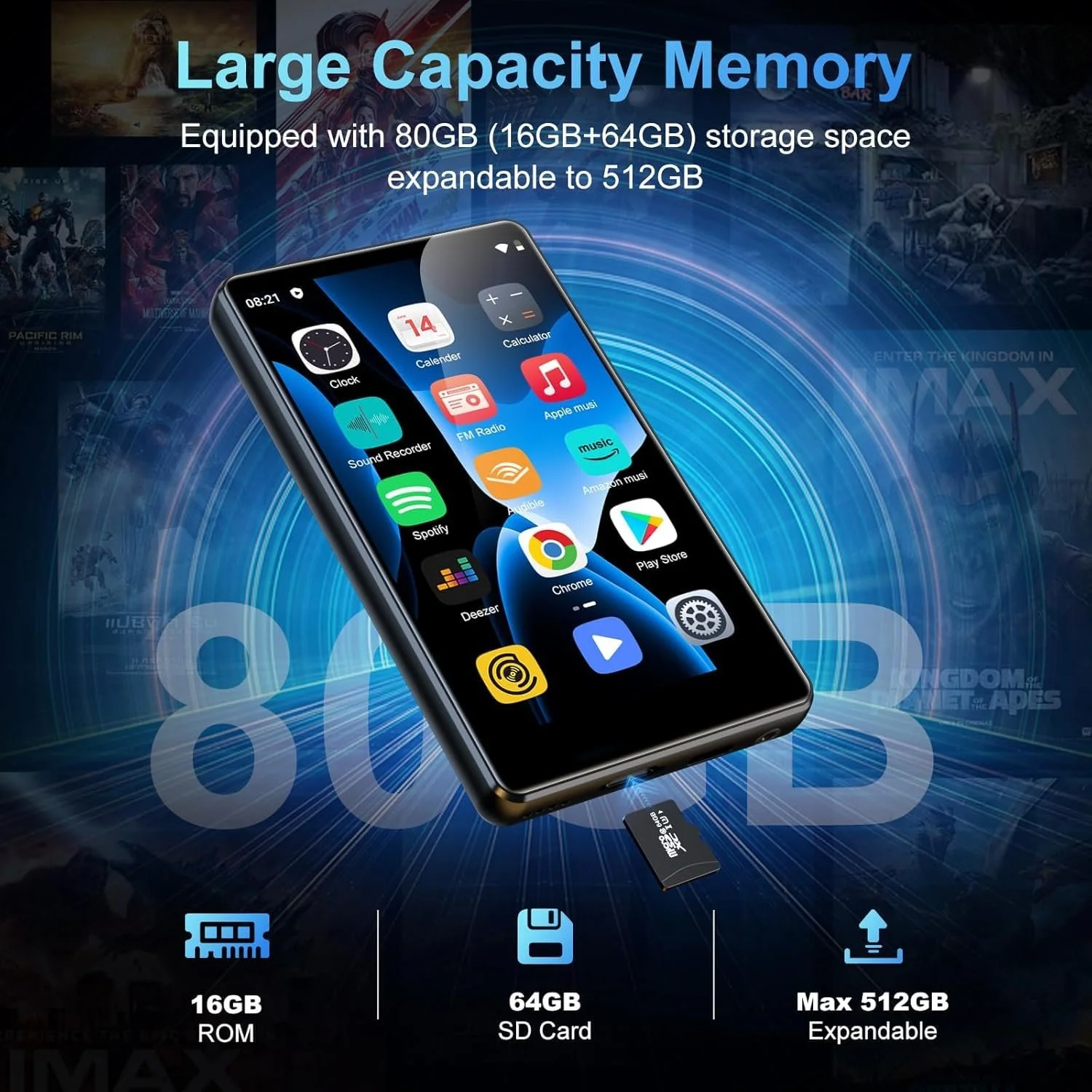 MP3-плеер SWOFY 80GB с Bluetooth и WiFi, 4.0-дюймовый сенсорный экран, Android, Черный, фото №6