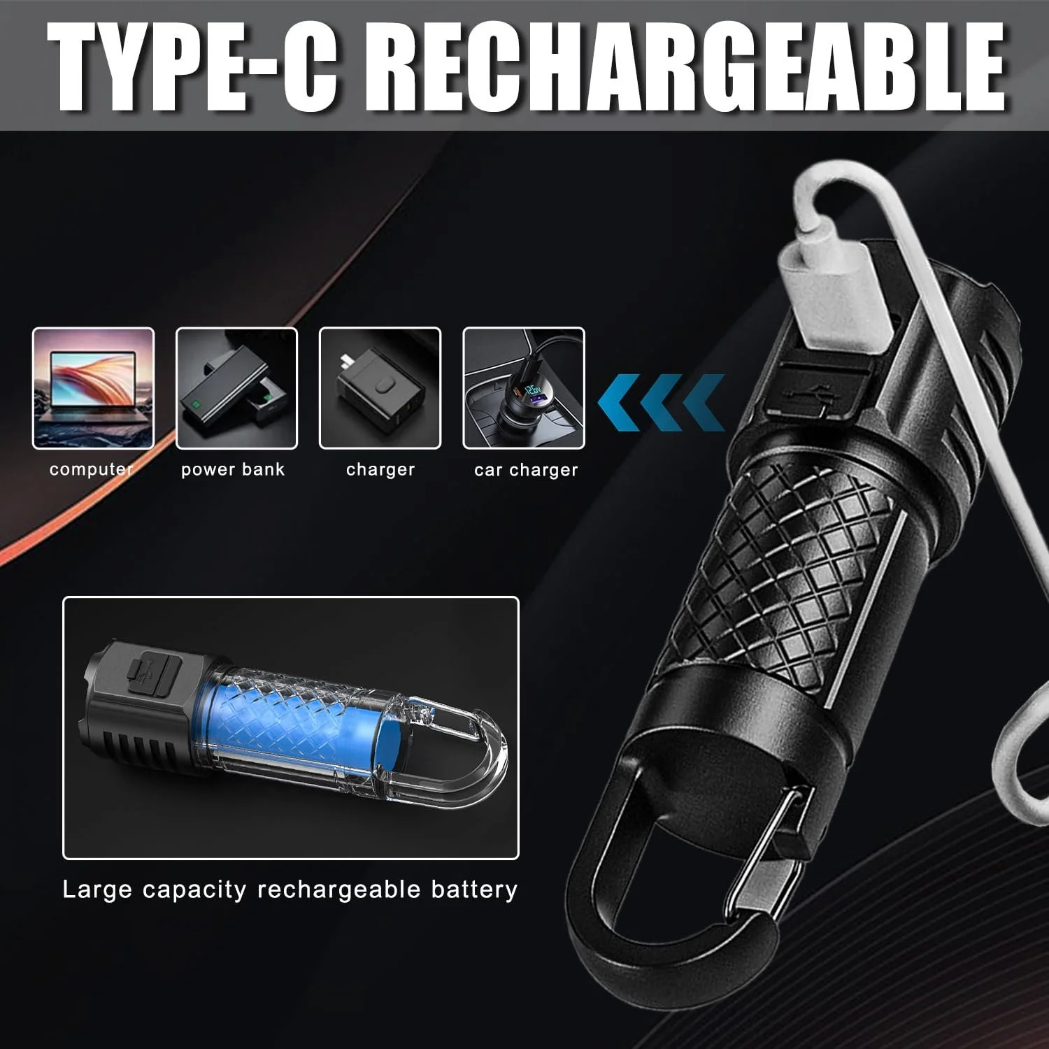 Фонарик LED MODOAO Перезаряжаемый Светодиодный Фонарь для Кемпинга 3 Режима Яркости Мини-Фонарик с Крючком Супер Яркий Водонепроницаемый COB Фонарик для Кемпинга, Пешего Туризма, Активного Отдыха, Чрезвычайных Ситуаций (Набор из 5), фото №5