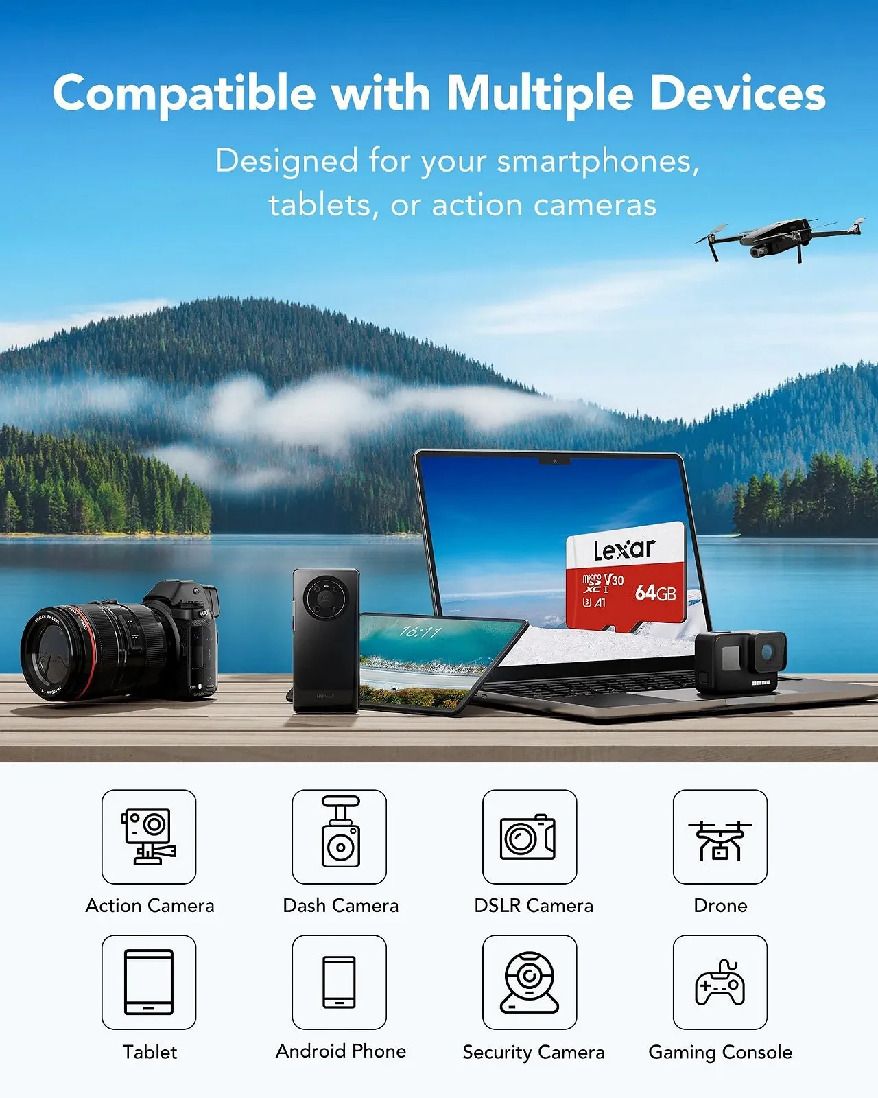 Карта пам'яті Micro SD Lexar MicroSDXC TF 64ГБ 100МБ/с A1 U3 C10 V30 (5 шт. в упаковці), фото №5 Карта пам'яті Micro SD Lexar MicroSDXC TF 64ГБ 100МБ/с A1 U3 C10 V30 (5 шт. в упаковці), фото №5