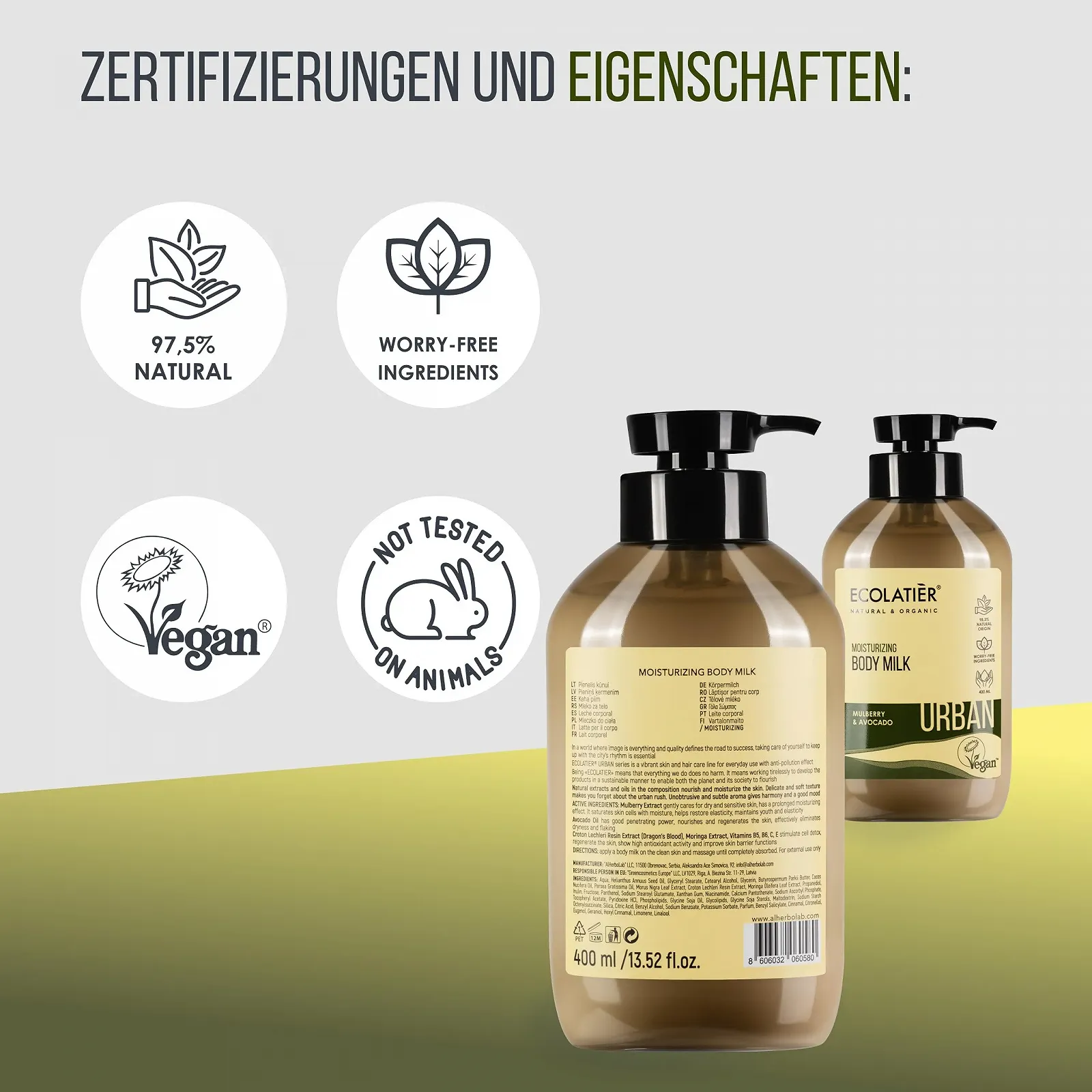 Молочко для тіла Ecolatier Mulberry & Avocado зволожуюче для чоловіків та жінок 400 мл, фото №7