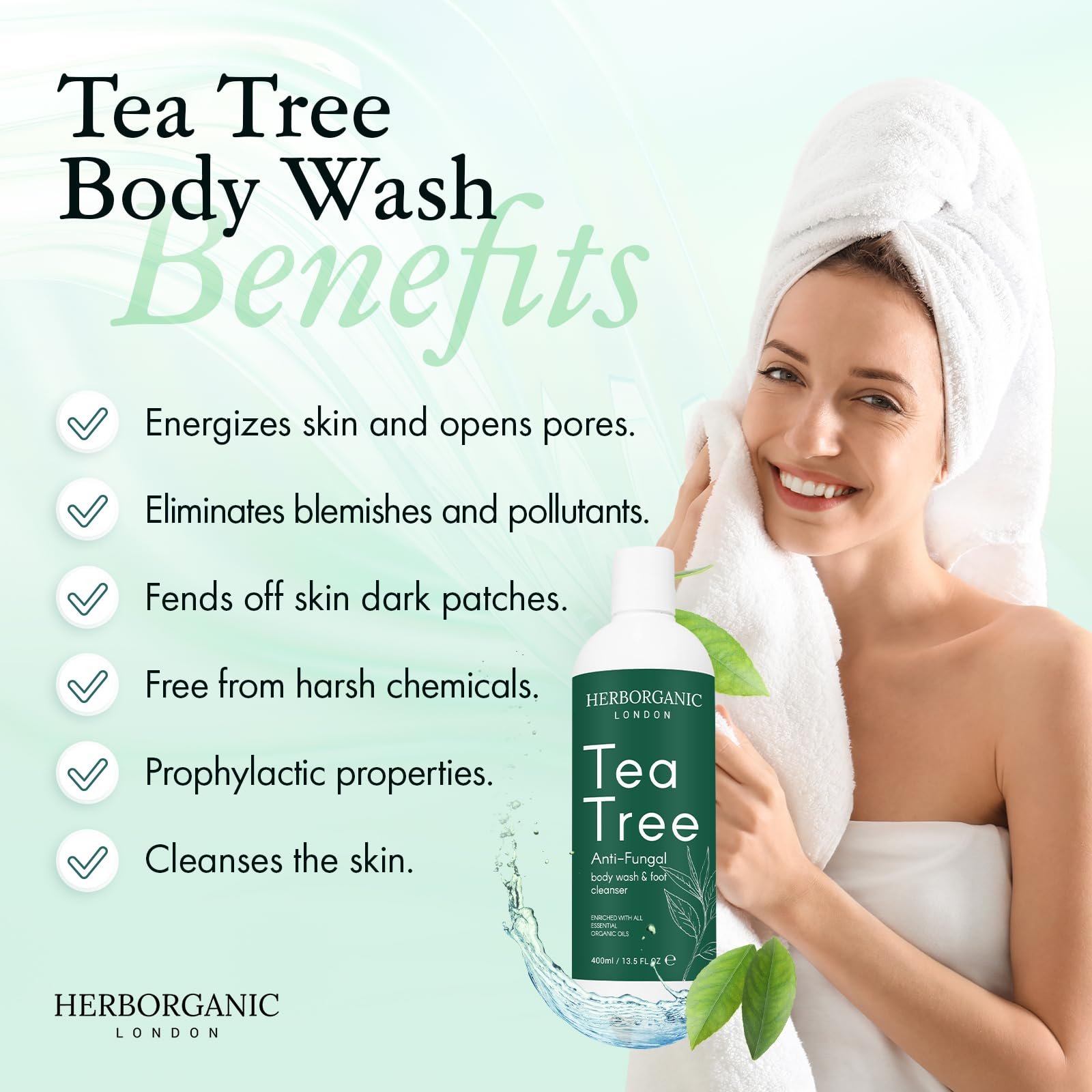 Гель для душу HerbOrganic Tea Tree антибактеріальний протигрибковий 400 мл, фото №4 Гель для душу HerbOrganic Tea Tree антибактеріальний протигрибковий 400 мл, фото №4