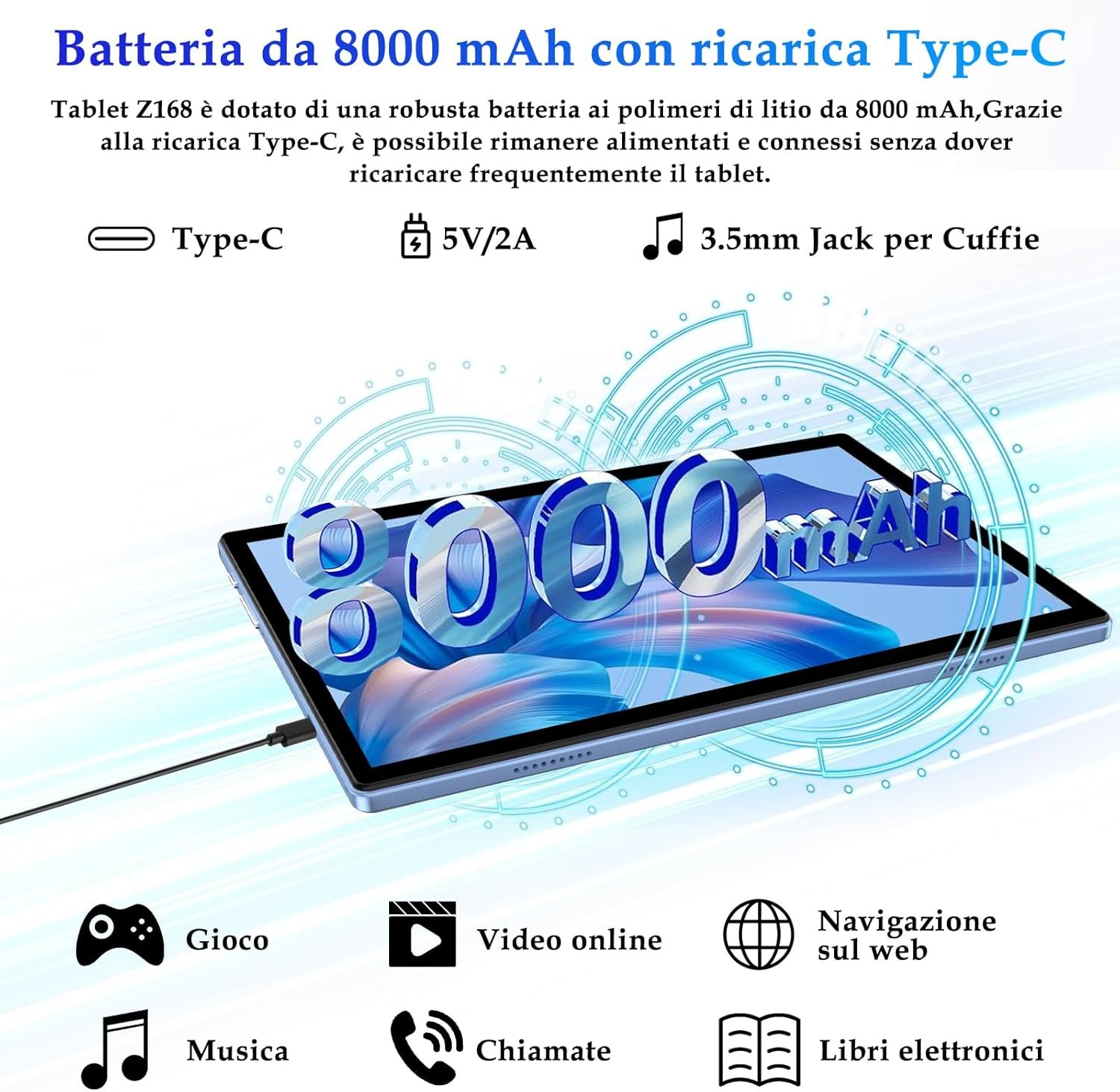 Планшет 10.1" ZIOVO Z168 (6+16)/128ГБ 2 ядер ‎Android 14 8000 mAh Голубой, фото №4