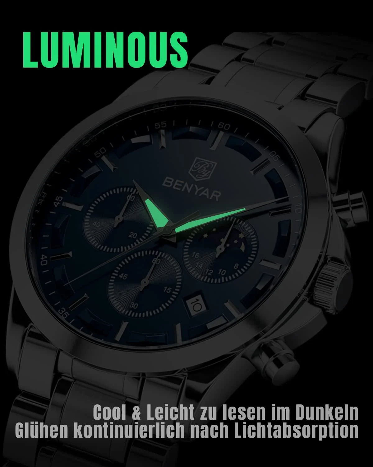 Чоловічий годинник Benyar Хронограф Водонепроникний Шкіряний ремінець / нержавіюча сталь, фото №5