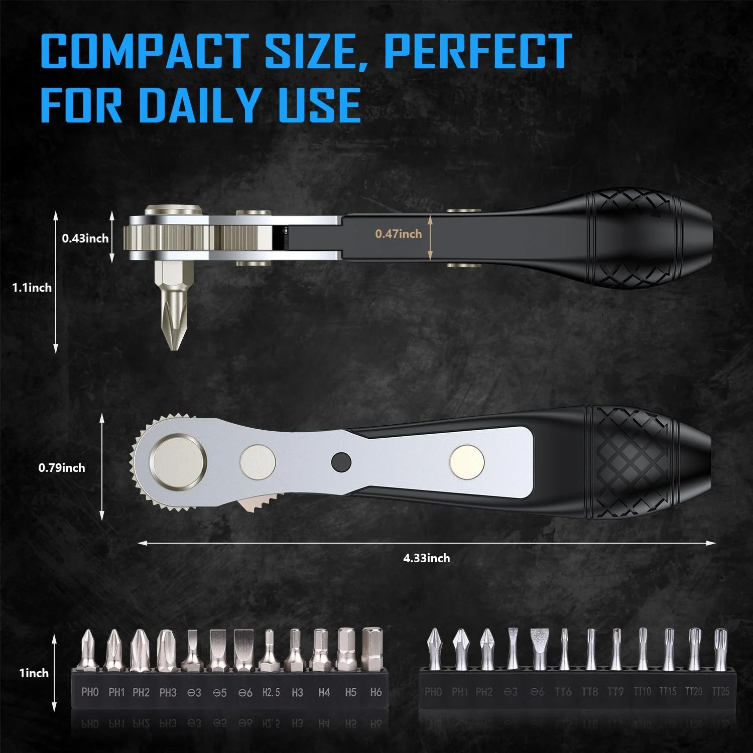 Міні-тріскачка та набір біт 25-в-1 S2 Steel 1/4 дюйма Hex Shank 36 зубів Магнітна 90 градусів, фото №3