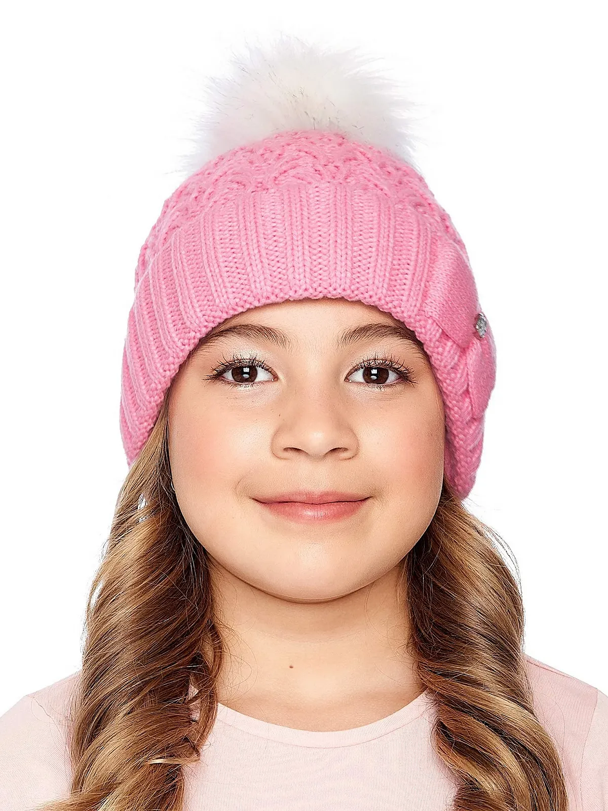 Вязаная шапка Marhatter Зимняя для девочек с помпоном с бантом и блестящими камнями, розовая, фото №4