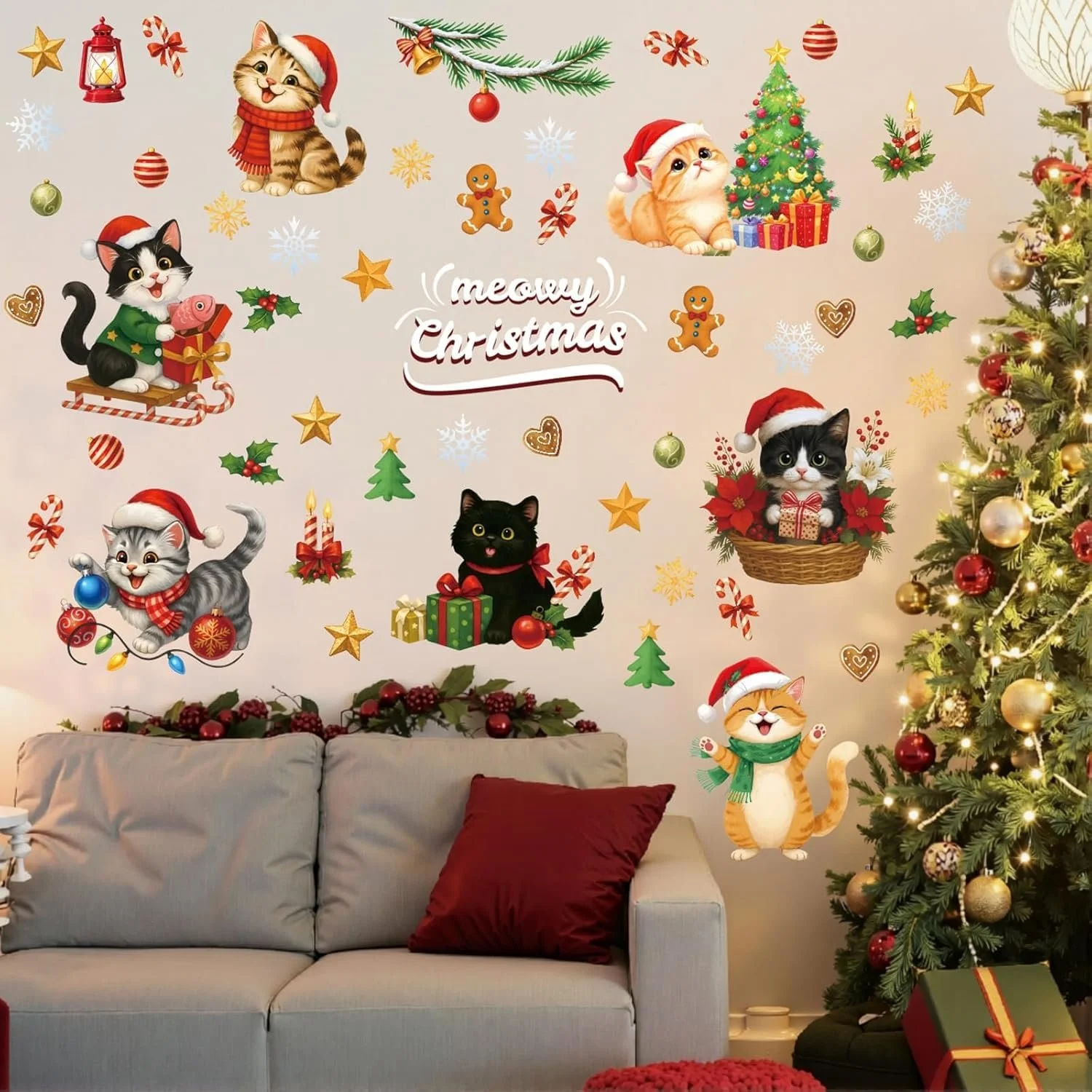 Наклейка на вікно CHDITB Meow Christmas Cat Window Stickers Vinyl, фото №4