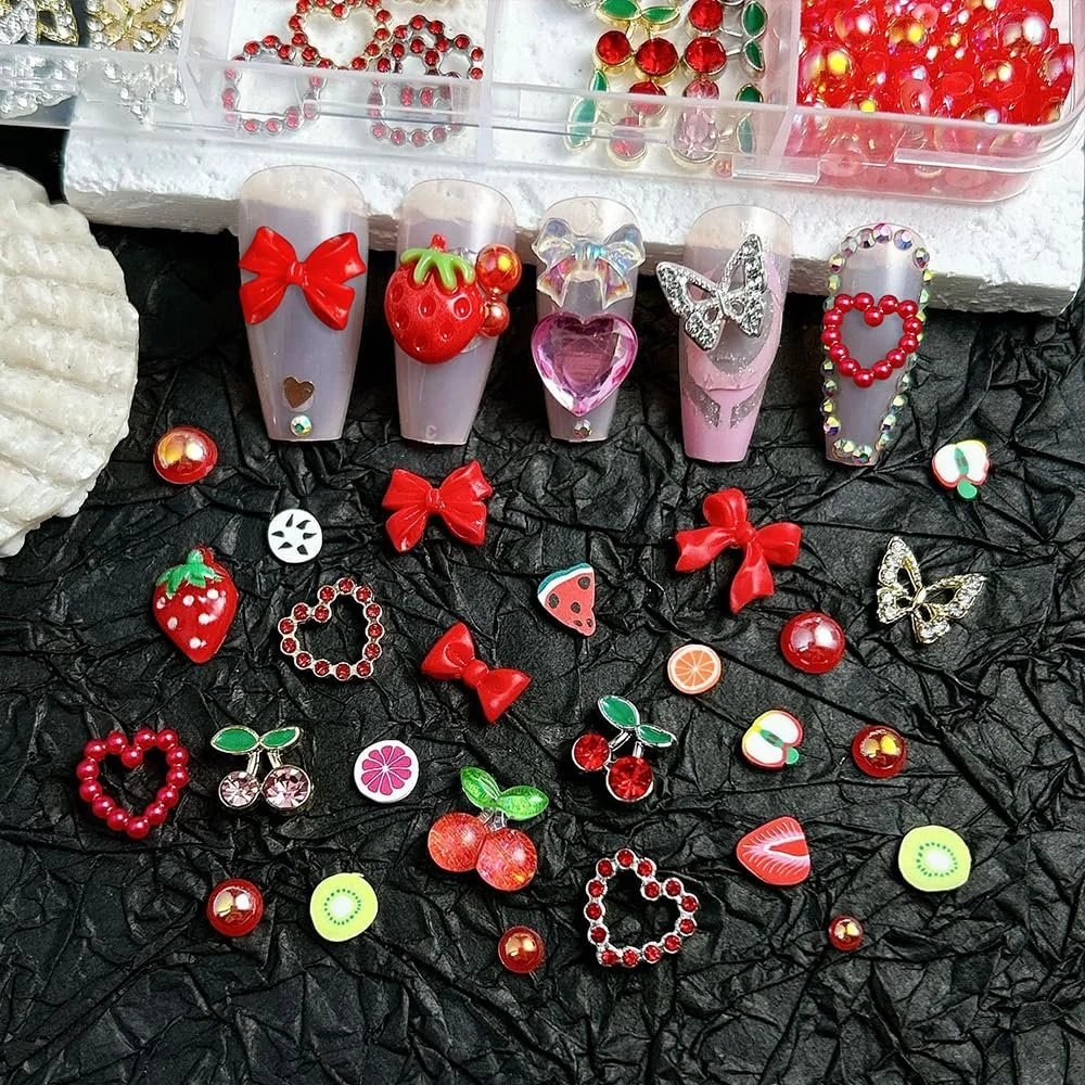 3D Украшения для ногтей Клубника Вишня Бантик Сердце Бабочка Аксессуары для ногтей Красный, фото №6