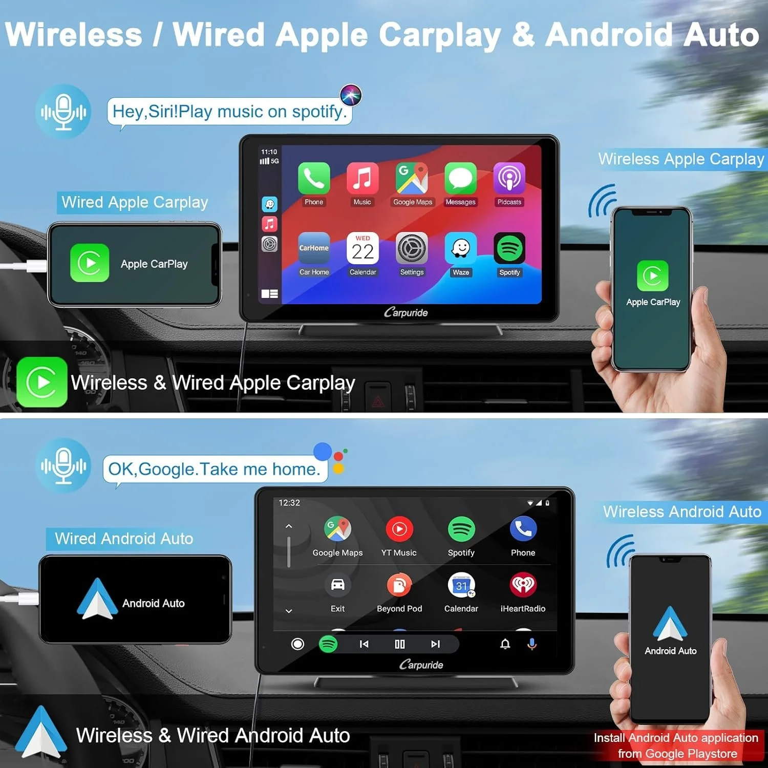 Автомагнітола CARPURIDE C3 / 7" / Сенсорна / Apple CarPlay / Android Auto / Bluetooth / WI-FI / GPS / USB / AUX, фото №2