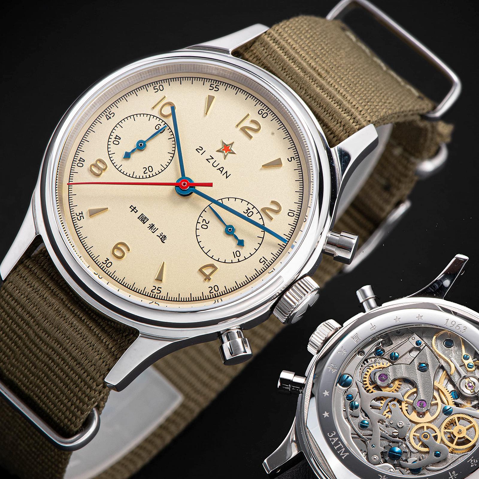 Чоловічі годинники Seagull 1963 SU1963BNX 38 мм хронограф пілота ST1901 сапфірове скло додатковий коричневий шкіряний ремінець зелений, фото №2