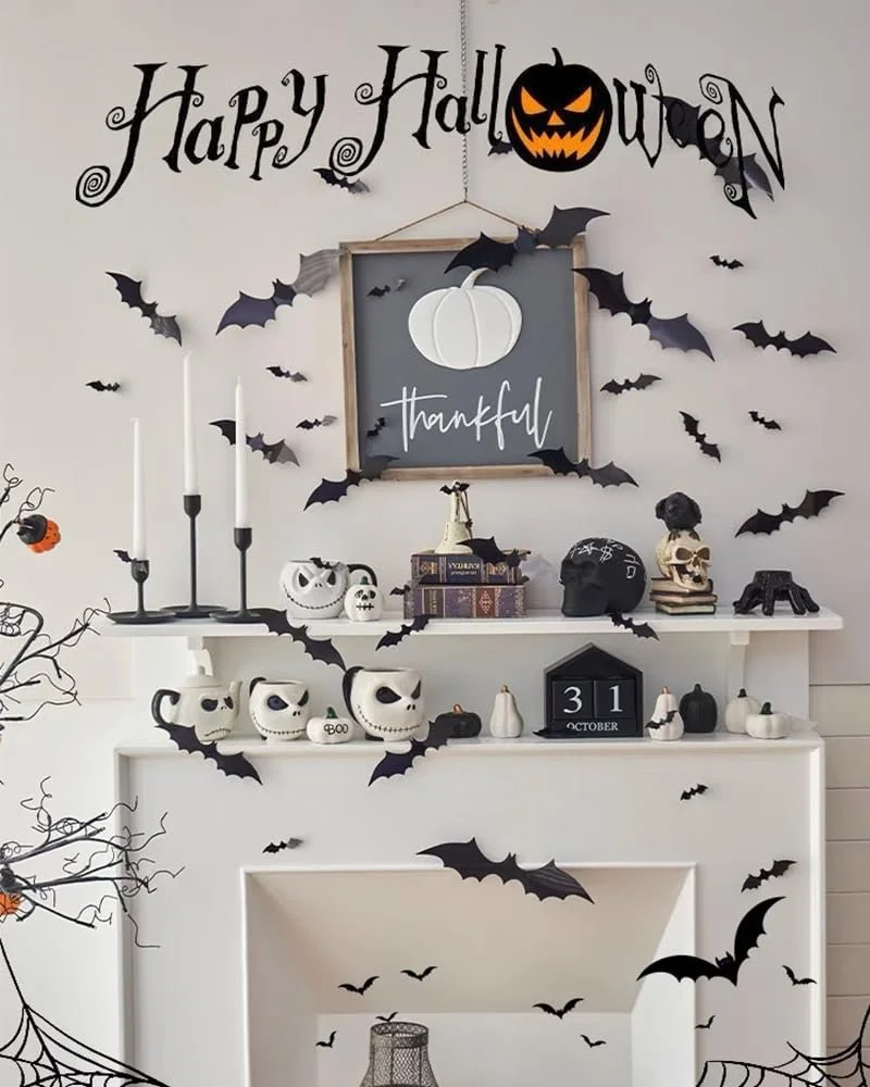 Наклейки на стіну 3D Halloween Кажани та павуки 124 шт. Чорний, фото №7