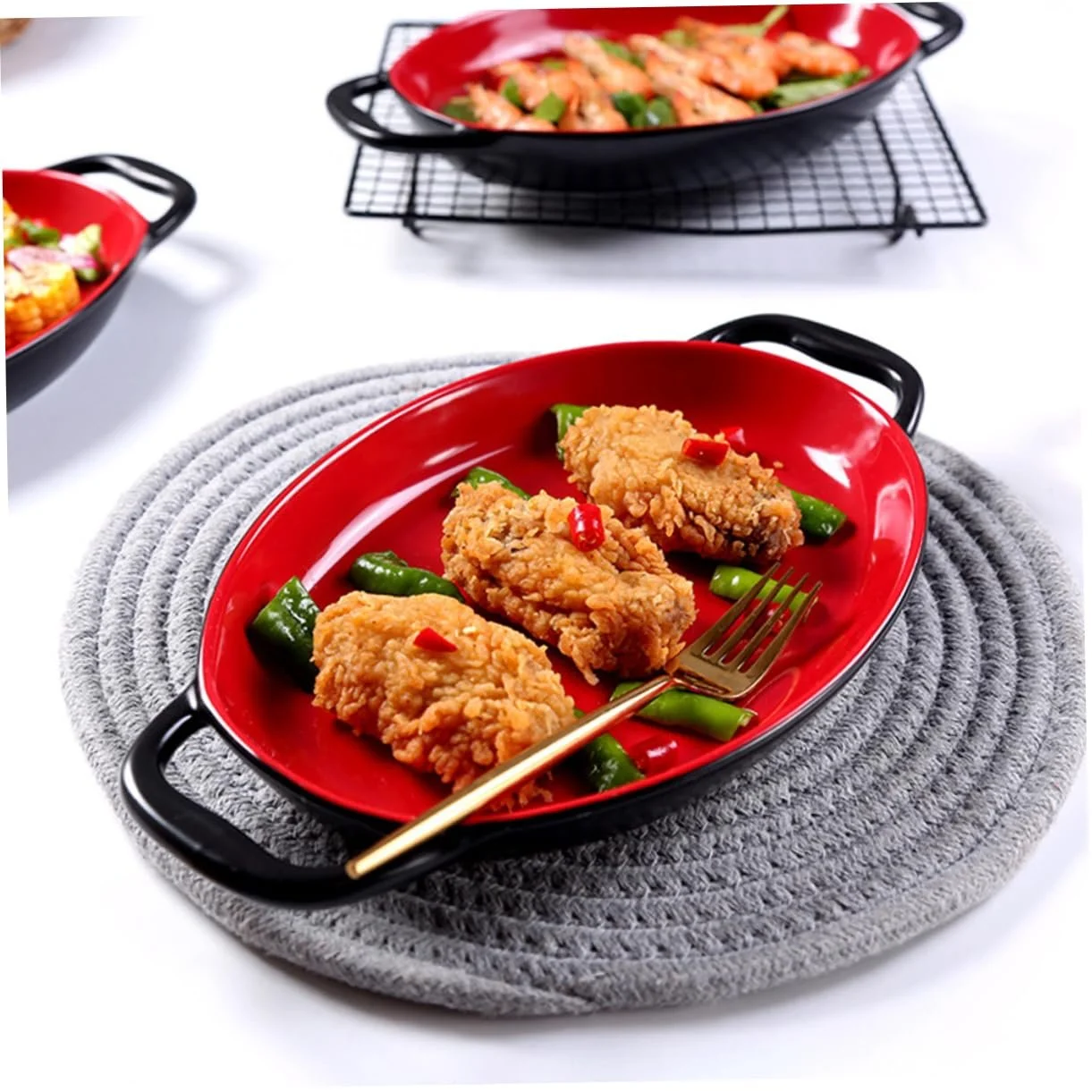 Керамическая форма для запекания с двойными ручками, термостойкая, красно-черный мрамор, фото №3