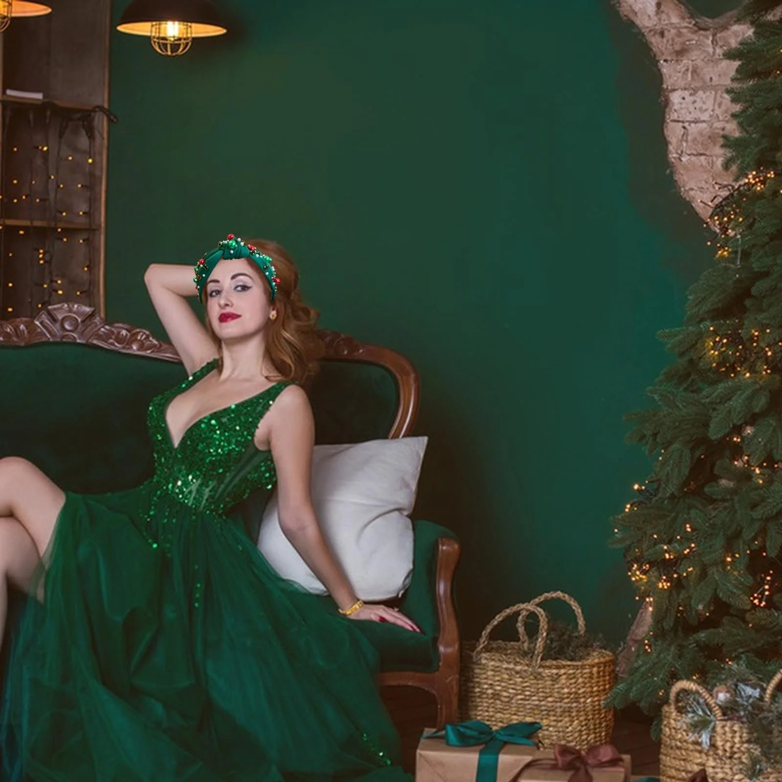 Обруч Різдвяний з перлами та кристалічними діамантами Зелений, фото №4