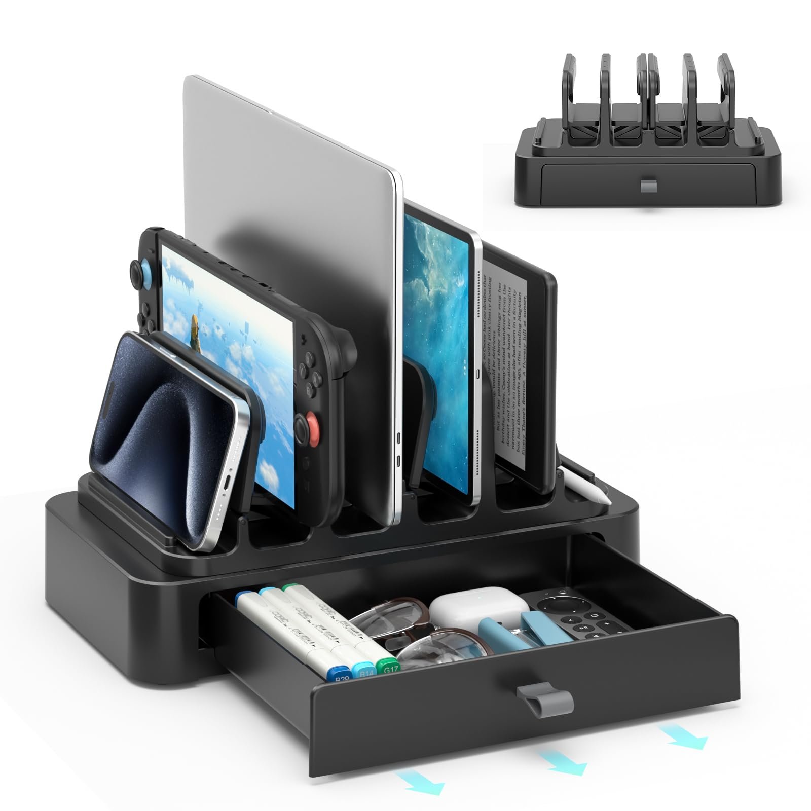 Подставка для ноутбука с ящиком KDD, пластиковый держатель для ноутбука с двойными слотами и компактным дизайном 7-в-1, регулируемая подставка для ноутбука для стола, поддержка MacBook, Chromebook, Surface, Dell, фото №1