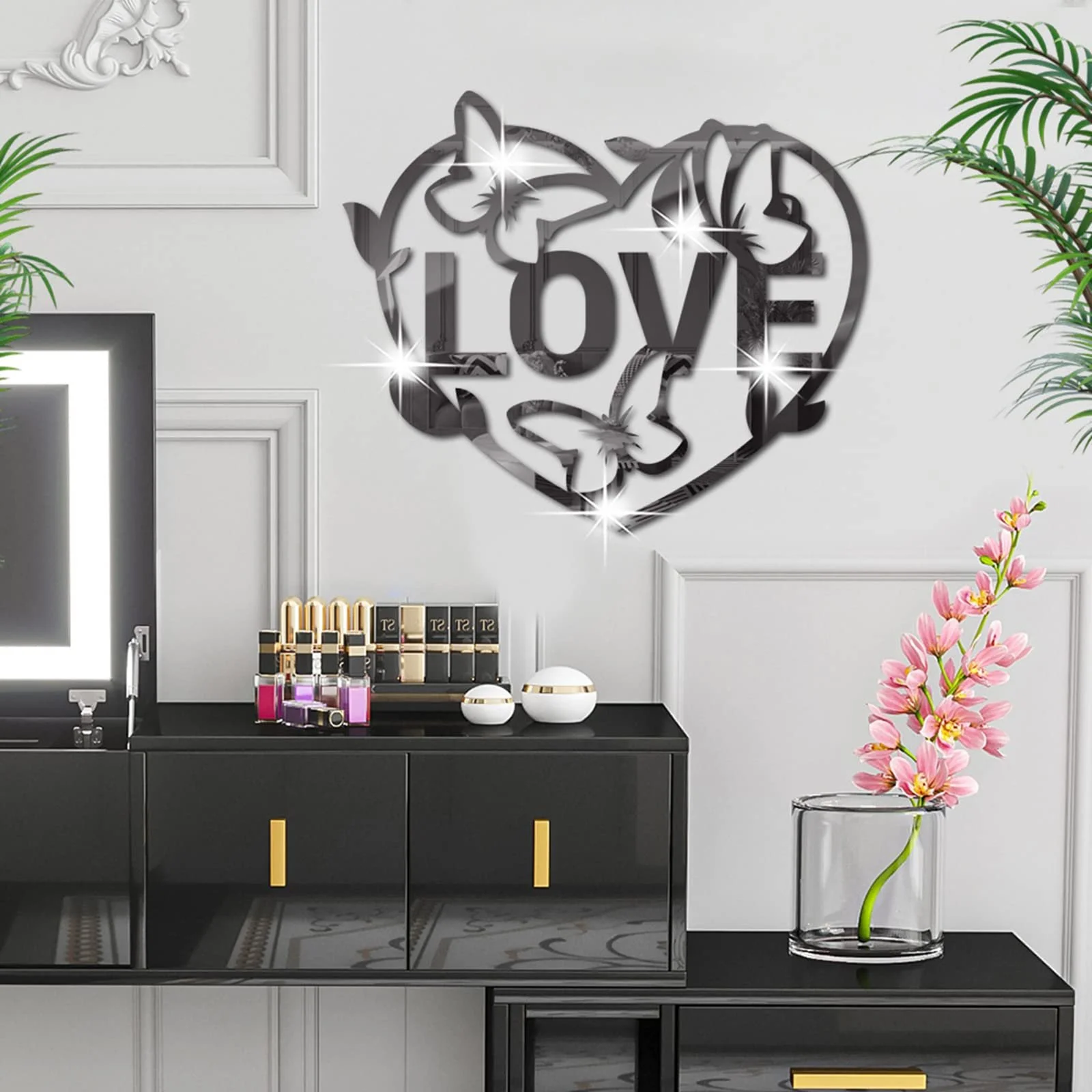 Дзеркальна наклейка на стіну Love Heart Butterfly 3D Вініл Чорний, фото №4
