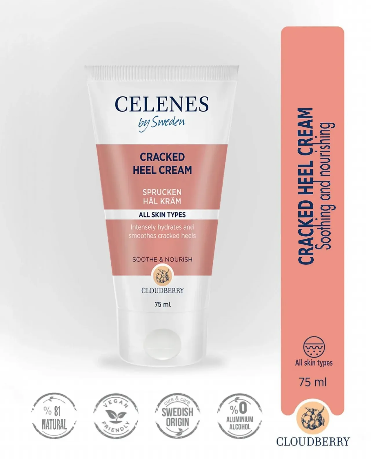 Крем для потрескавшихся пяток Celenes by Sweden Cloudberry восстанавливающая формула с Urea, маслами авокадо и миндаля веганский 2 x 75 мл, фото №2