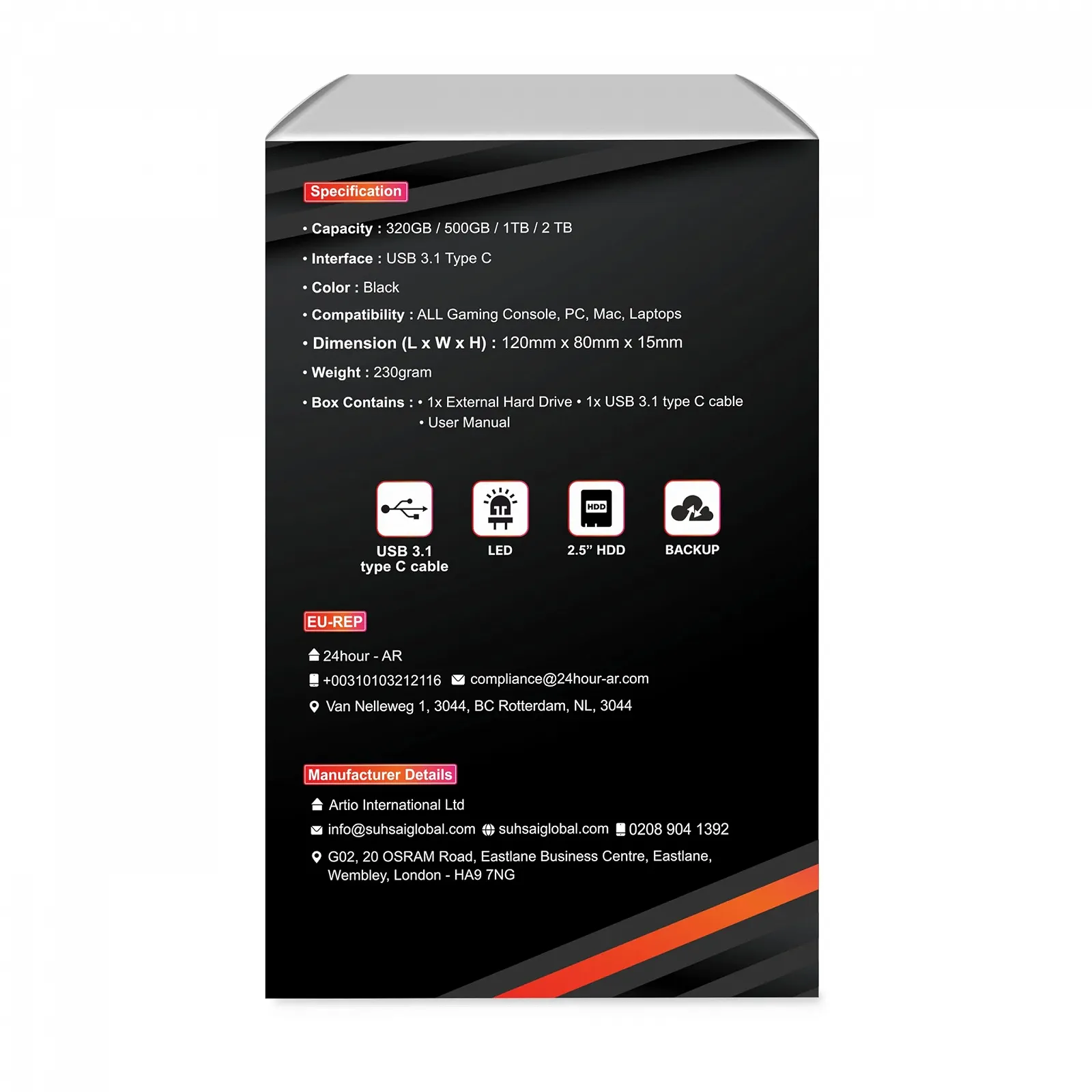 Зовнішній жорсткий диск SUHSAI Portable 500 ГБ 2.5" USB 3.1 Black, фото №4 Зовнішній жорсткий диск SUHSAI Portable 500 ГБ 2.5" USB 3.1 Black, фото №4