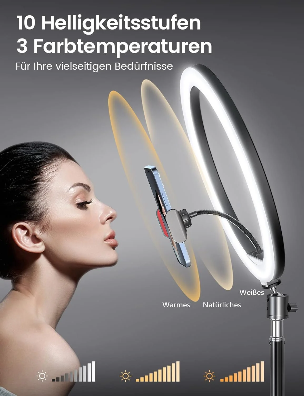 Кільцева лампа Pnitri PNR01 32 см з штативом для телефона Чорний, фото №2