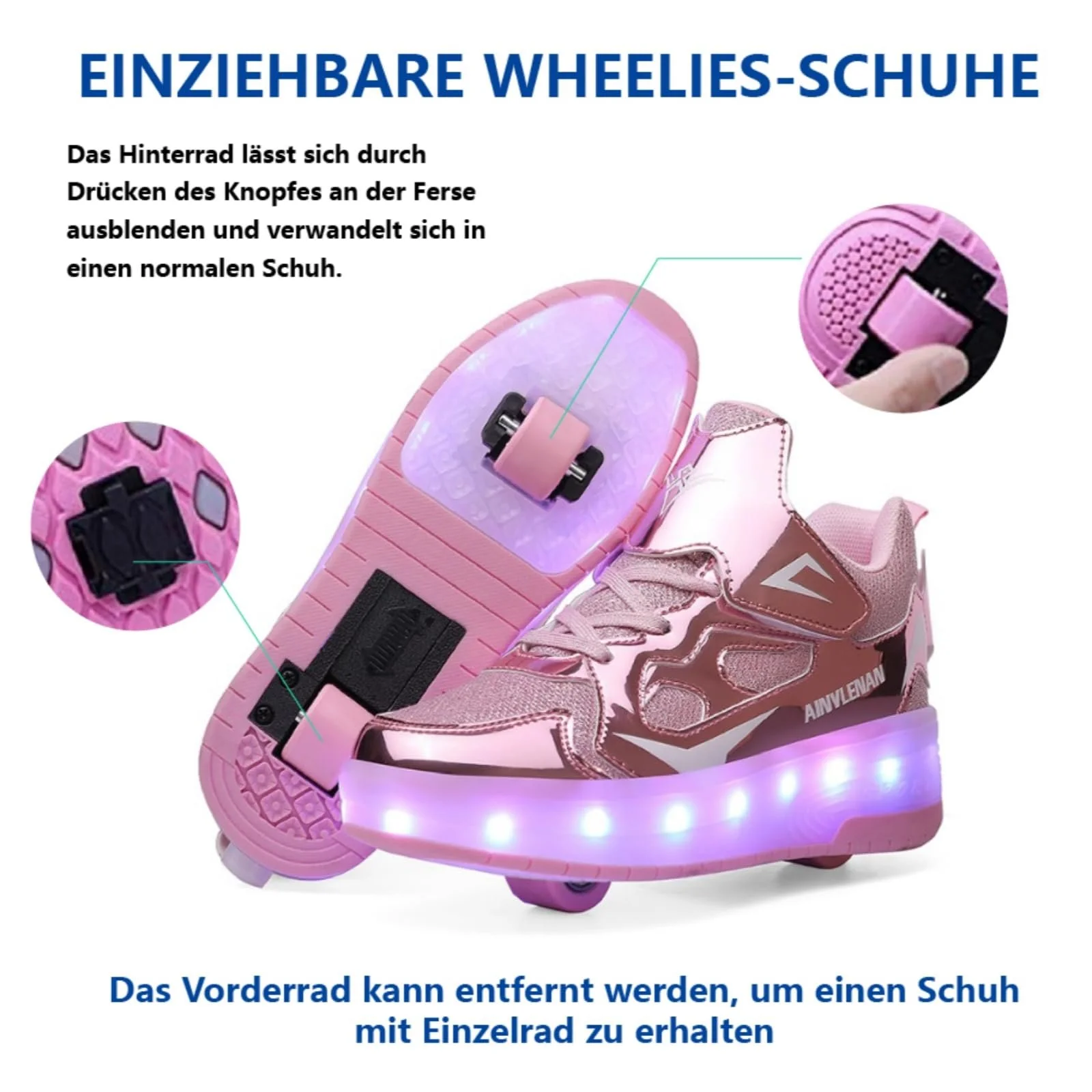 Кроссовки на колесиках HUSKSWARE Детские LED 2 Колеса USB Перезаряжаемые Меняющие цвет Черный Розовый Золотой Серебряный Белый Размер 28-41 EU, фото №5