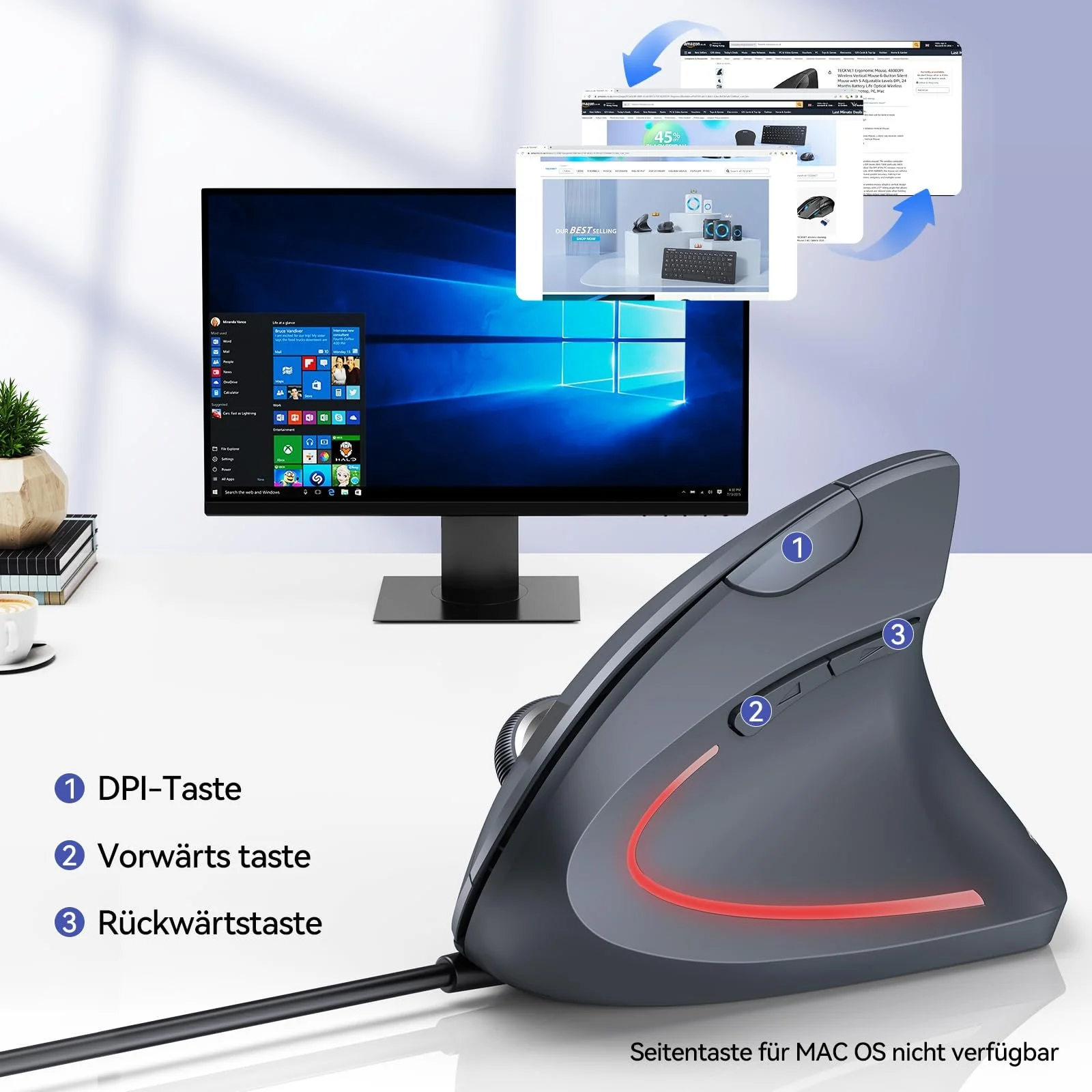 Миша TECKNET вертикальна оптична ергономічна 6400 DPI 6 кнопок LED підсвічування USB кабель сірий, фото №5