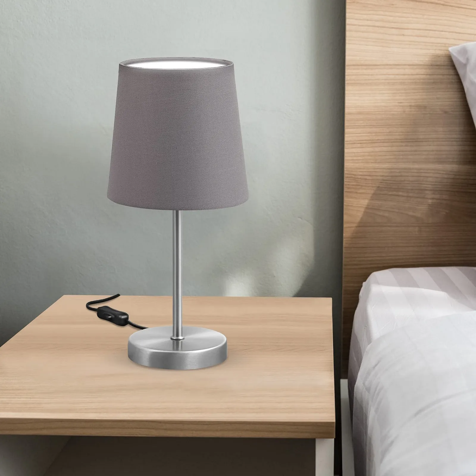 Настільна лампа E14 Матовий нікель Тканинний абажур Сіра, фото №2