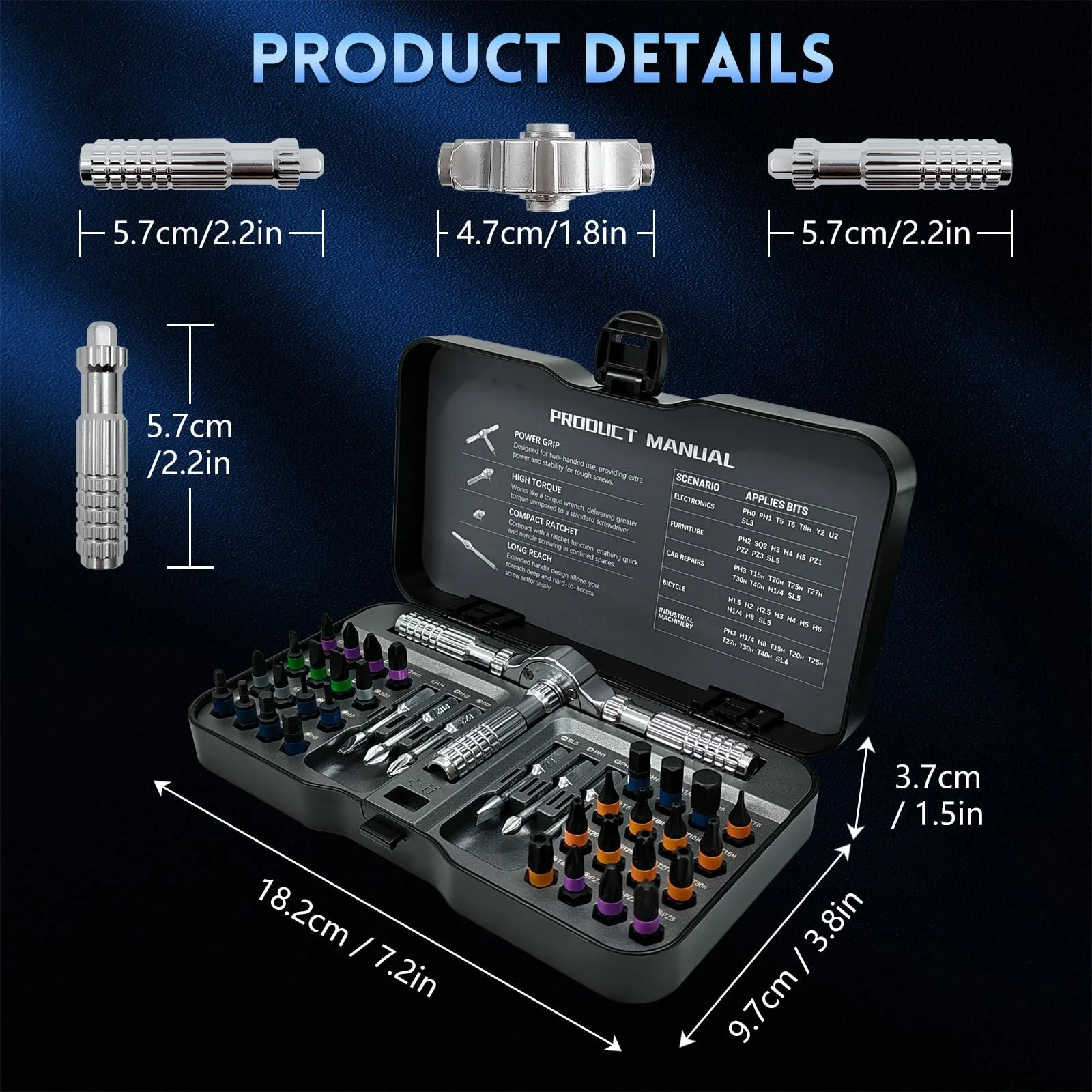 Набір викруток з тріскачкою 40 в 1 з магнітними бітами зі сталі S2 40 Нм, фото №5