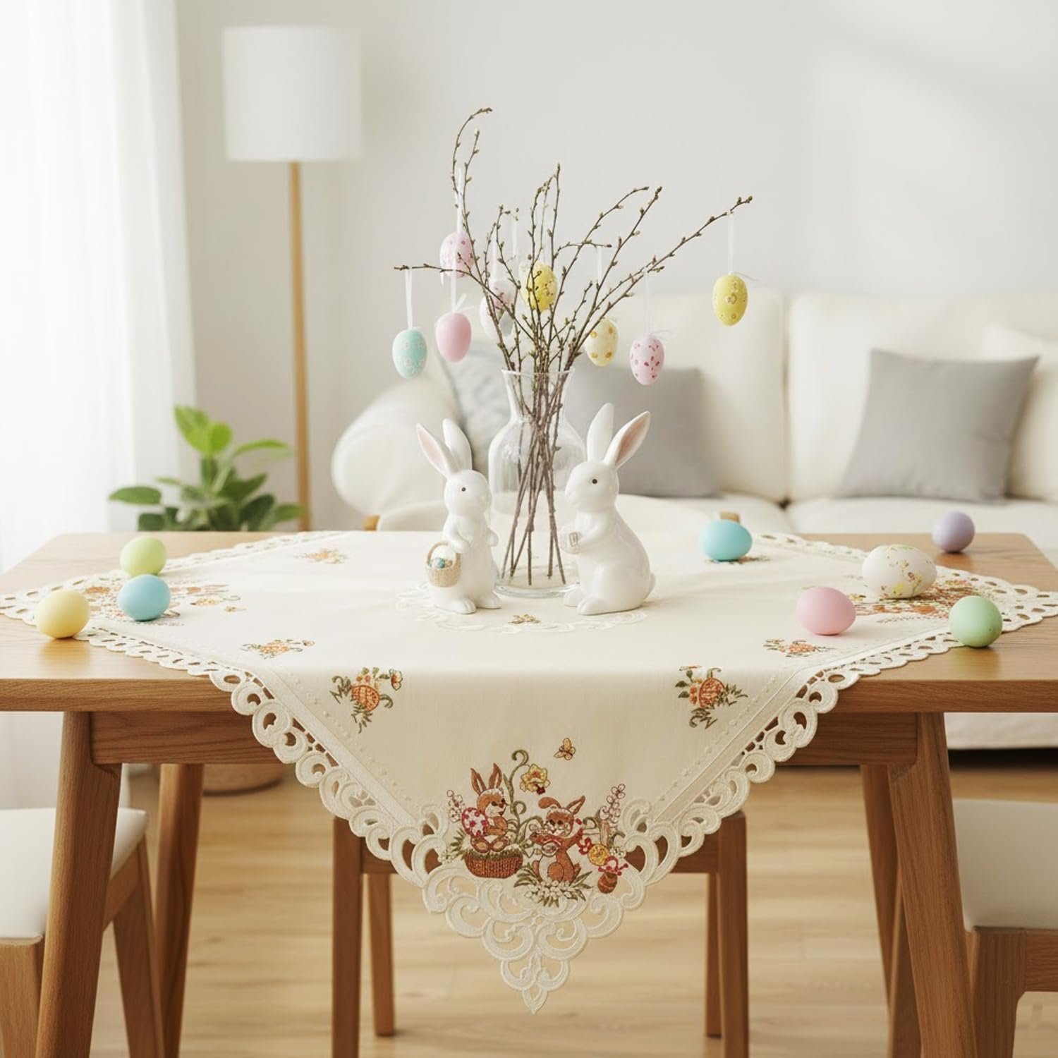 Скатертина Easter Bunny Easter Eggs Embroidery 85 x 85 см Ecru Cream Linen Look Polyester, фото №3