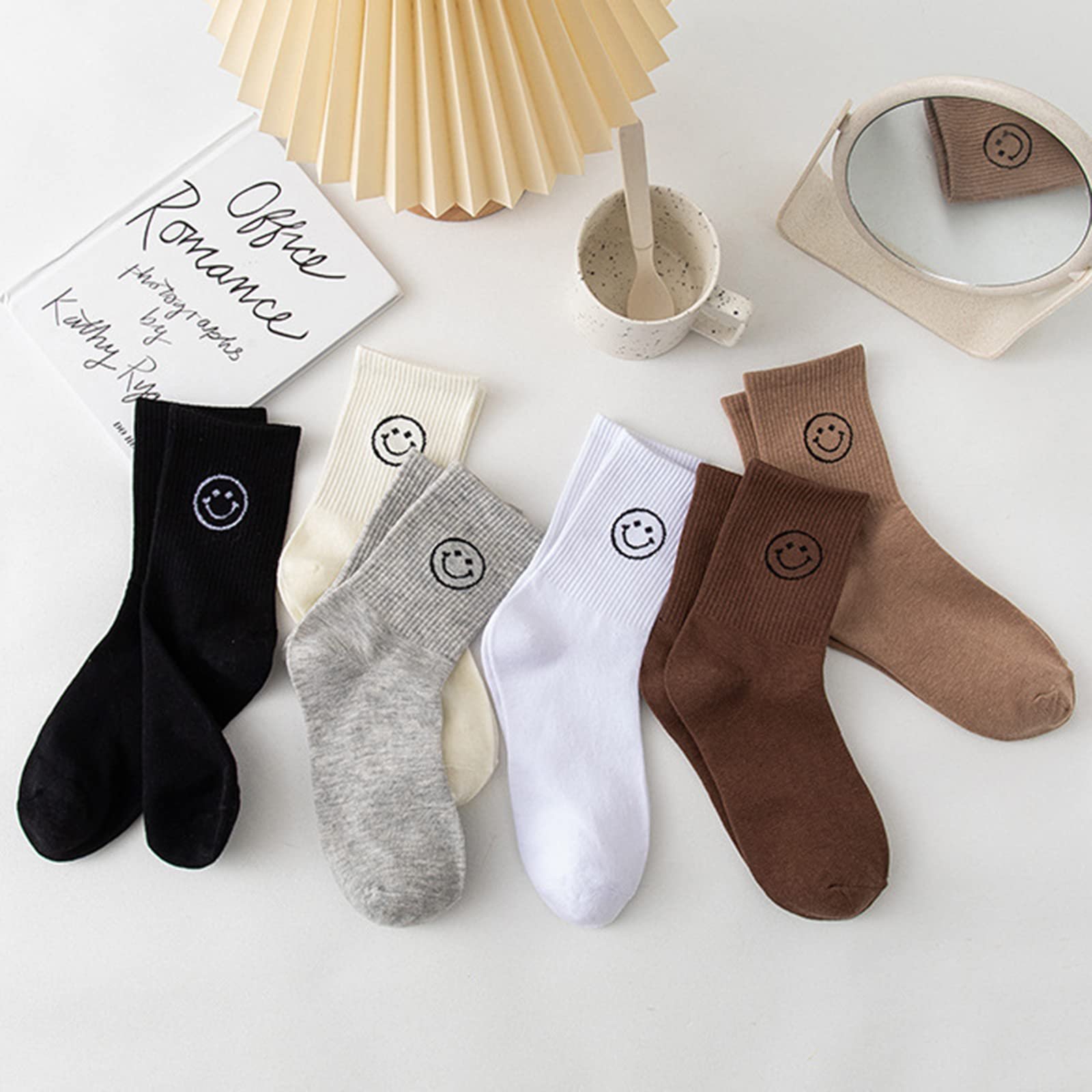 Женские носки Без бренда Носки-миди из хлопка с милыми смайликами, 5-6 пар, Желтый, фото №2