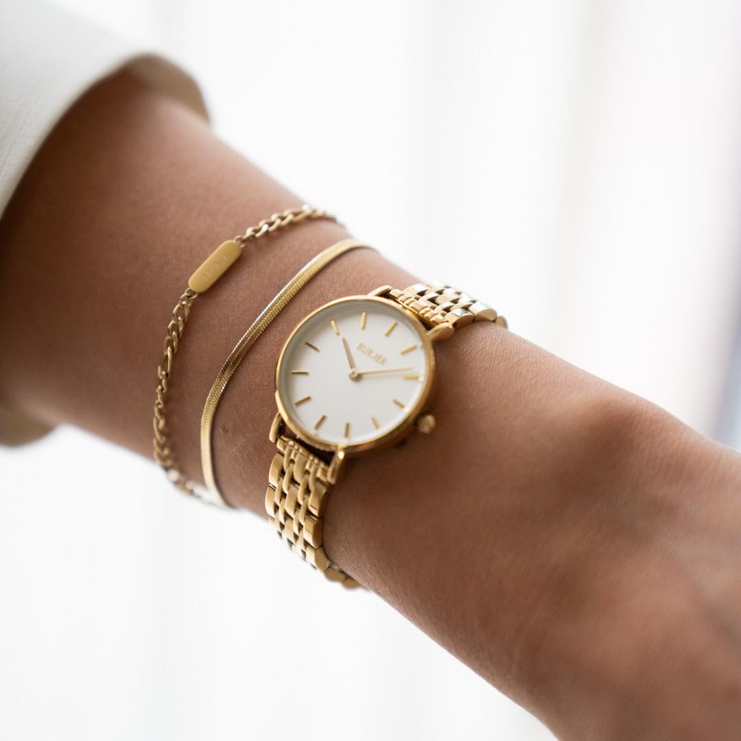 Женские часы BURKER Ruby Petite, круглые, аналоговые, водонепроницаемые 3 ATM, золотые, белые, 28 мм, фото №5