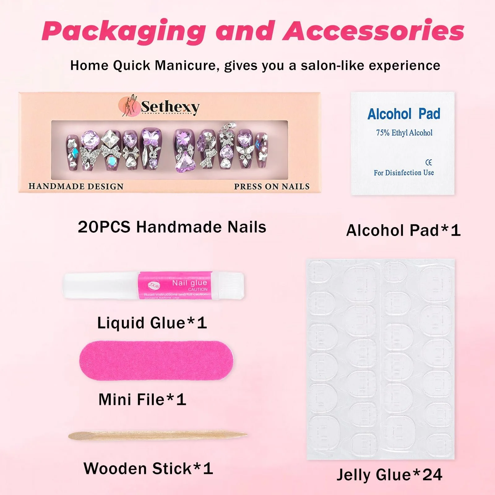 Накладные ногти Sethexy Длинные гробы с фиолетовыми стразами, 3D кристаллы, акрил, 20 шт (Q), фото №4