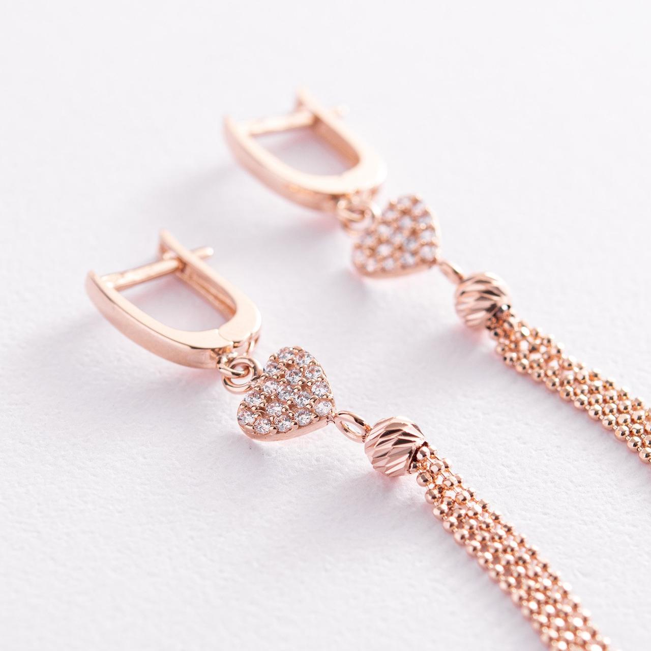 Золотые серьги Сердечки с цепочками фианиты с07826 Оникс, фото №2