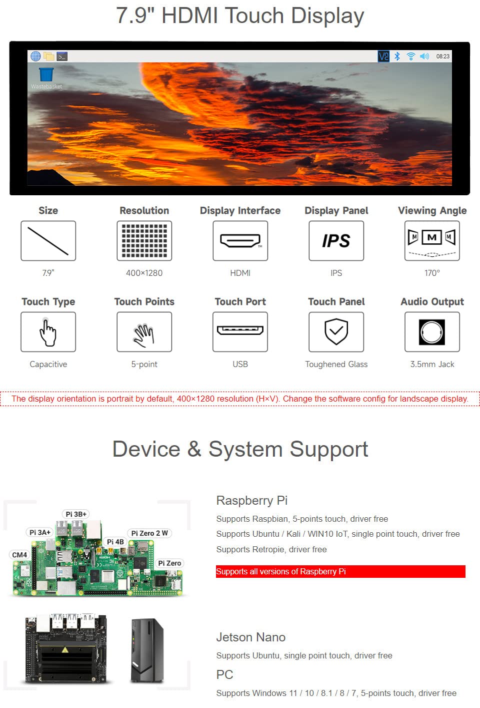 Монитор Waveshare HDMI LCD 7.9 inch IPS 400 x 1280, фото №4
