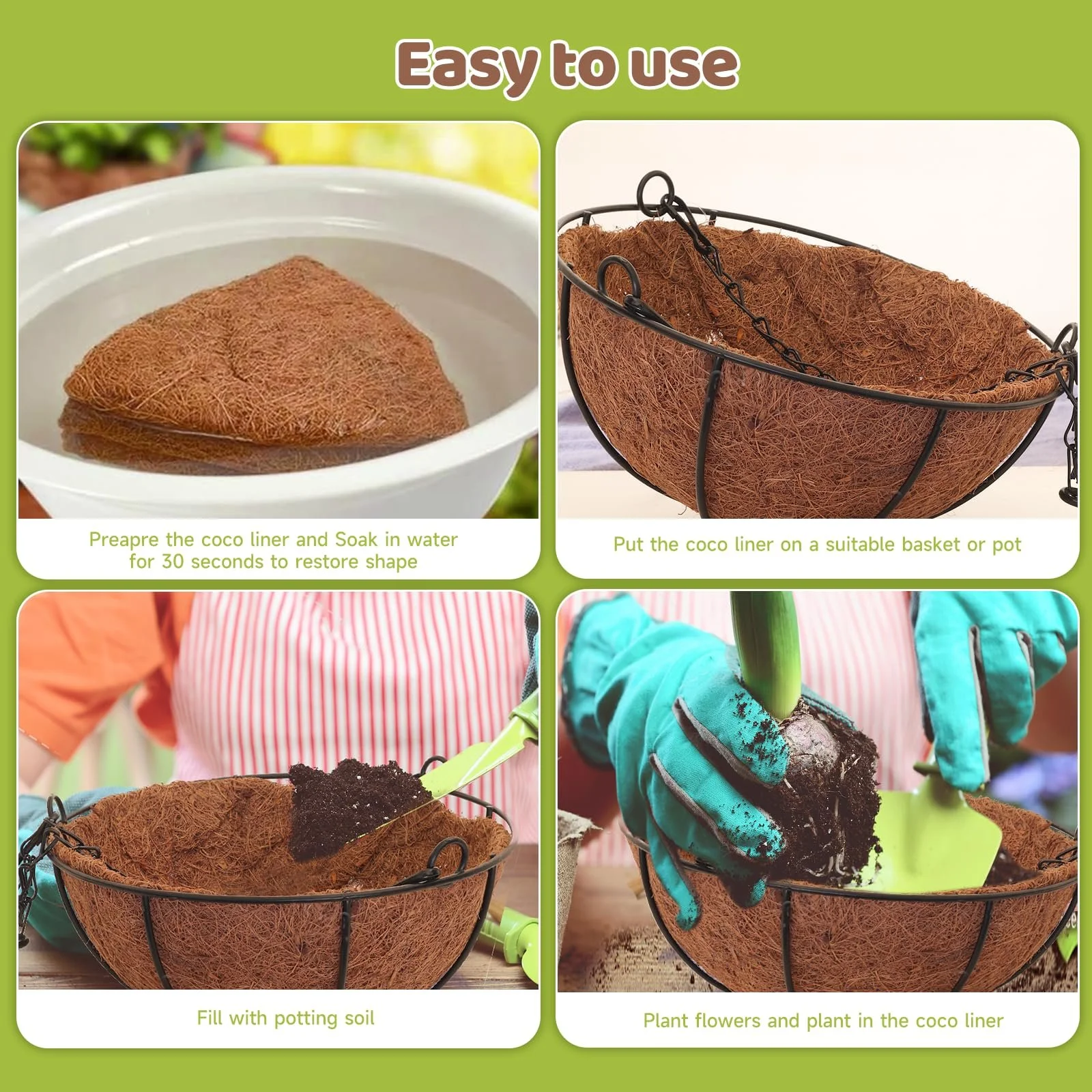 Вкладиші для підвісних кошиків з кокосового волокна 2 шт. круглі 40 см (16 дюймів) натуральні, фото №4 Вкладиші для підвісних кошиків з кокосового волокна 2 шт. круглі 40 см (16 дюймів) натуральні, фото №4